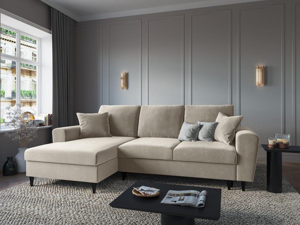 Narożnik lewostronny aksamitny z funkcją spania KYOTO beżowy z czarną podstawą Cosmopolitan Design Eye on Design