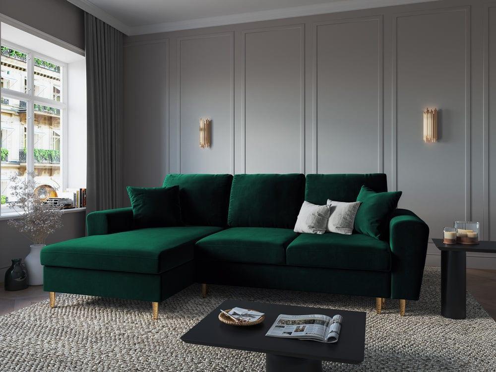 Narożnik lewostronny aksamitny z funkcją spania KYOTO butelkowa zieleń ze złotą podstawą Cosmopolitan Design Eye on Design