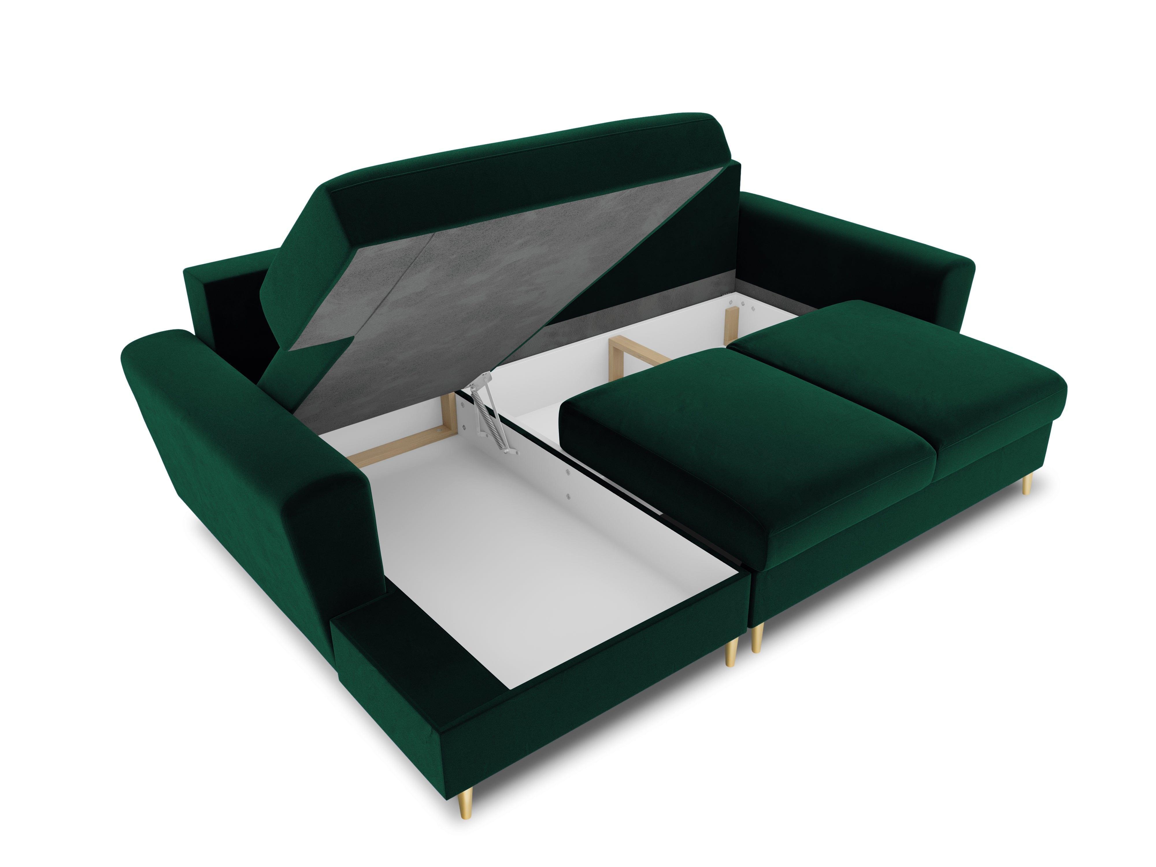 Narożnik lewostronny aksamitny z funkcją spania KYOTO butelkowa zieleń ze złotą podstawą Cosmopolitan Design Eye on Design