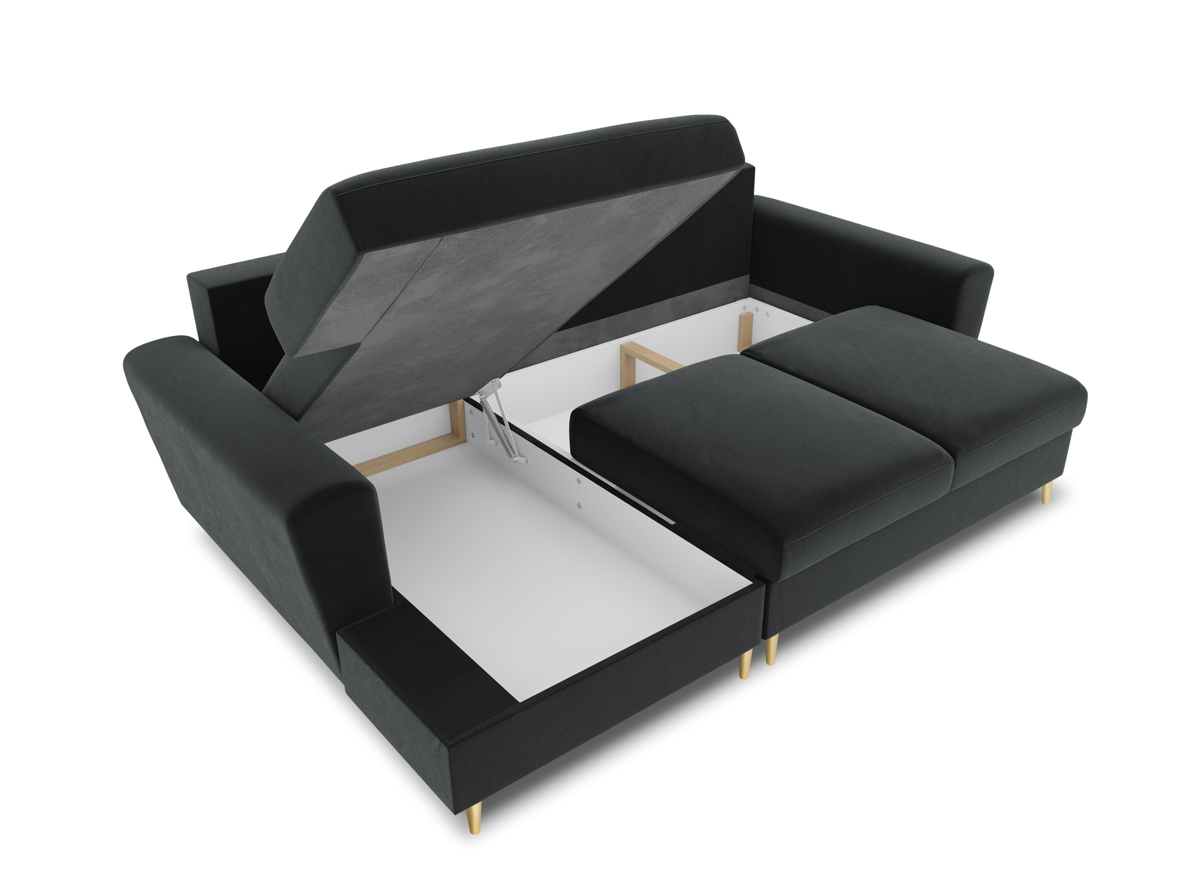 Narożnik lewostronny aksamitny z funkcją spania KYOTO ciemnoszary ze złotą podstawą Cosmopolitan Design Eye on Design