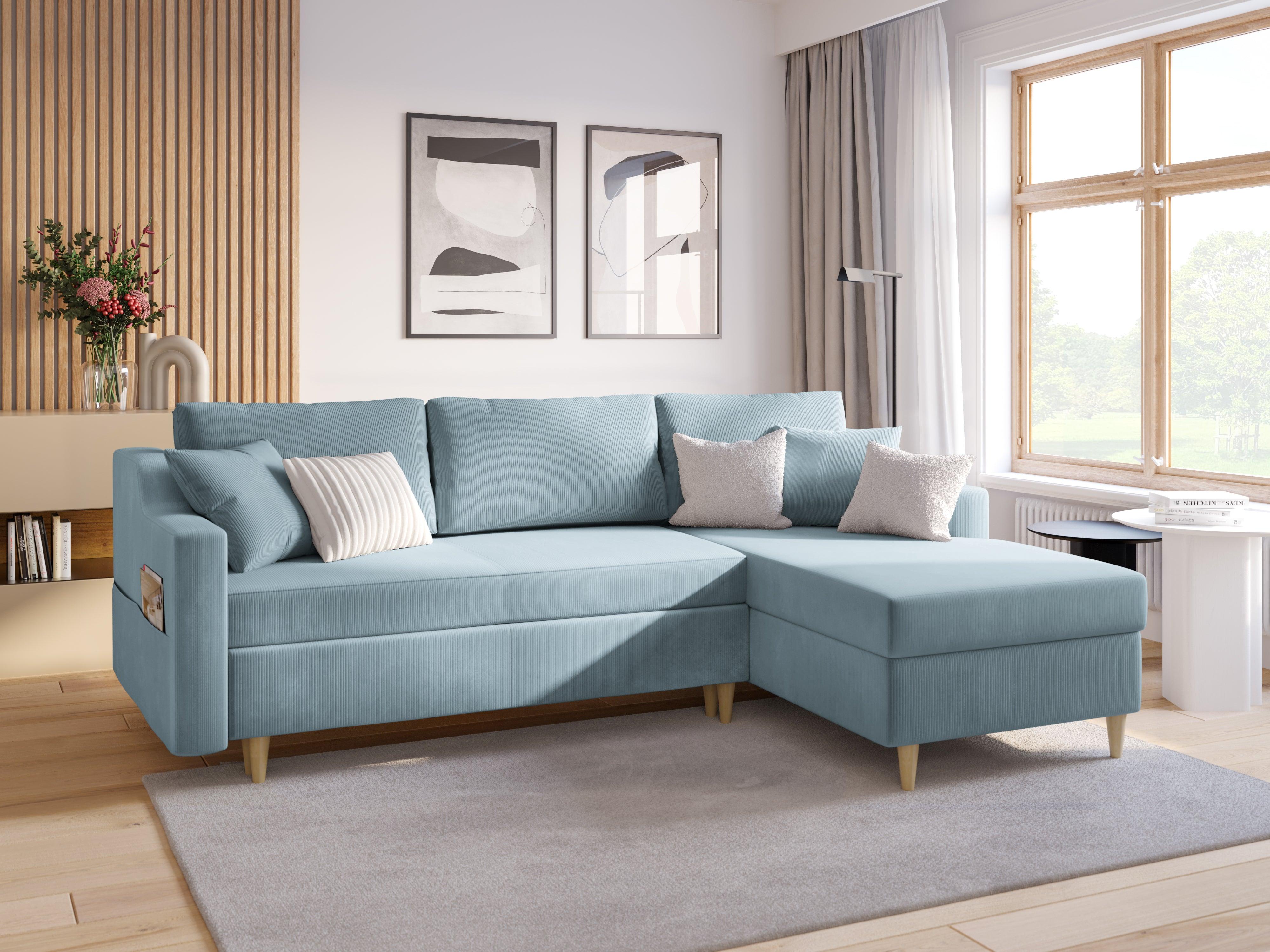 Narożnik lewostronny sztruksowy z funkcją spania ROSE jasnoniebieski Mazzini Sofas Eye on Design