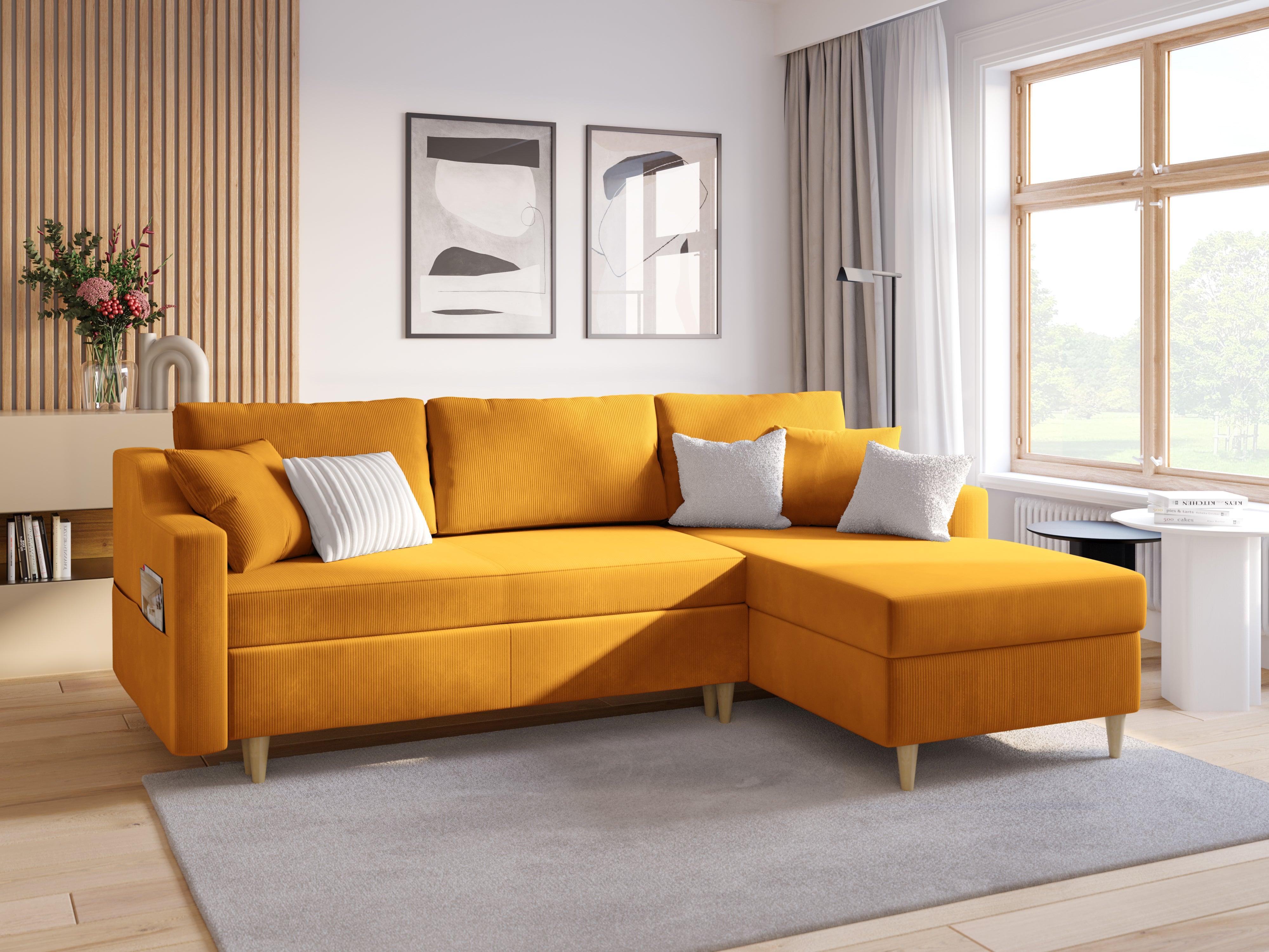 Narożnik lewostronny sztruksowy z funkcją spania ROSE żółty Mazzini Sofas Eye on Design