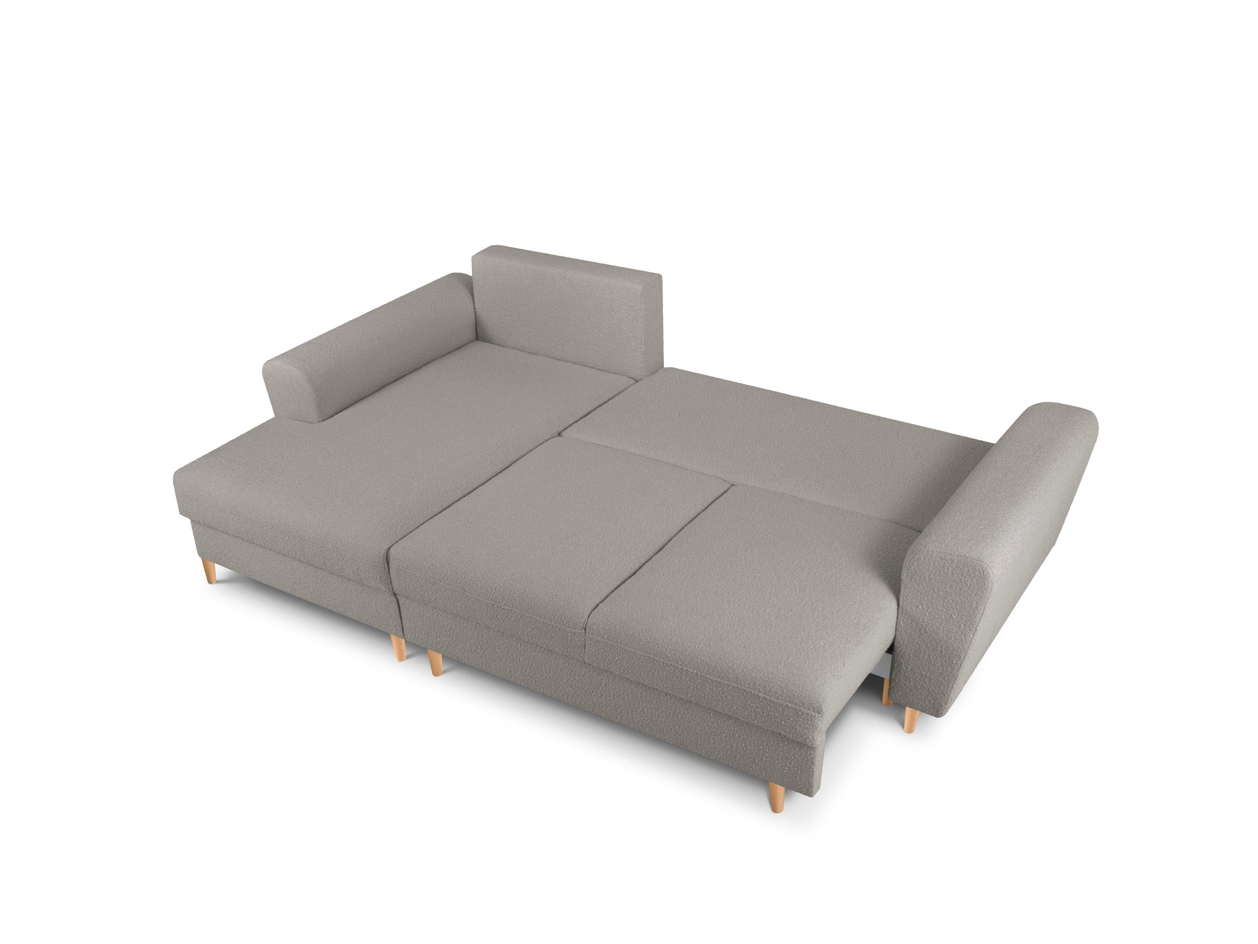 Narożnik lewostronny z funkcją spania KYOTO szary bouclé z drewnianą podstawą Cosmopolitan Design Eye on Design