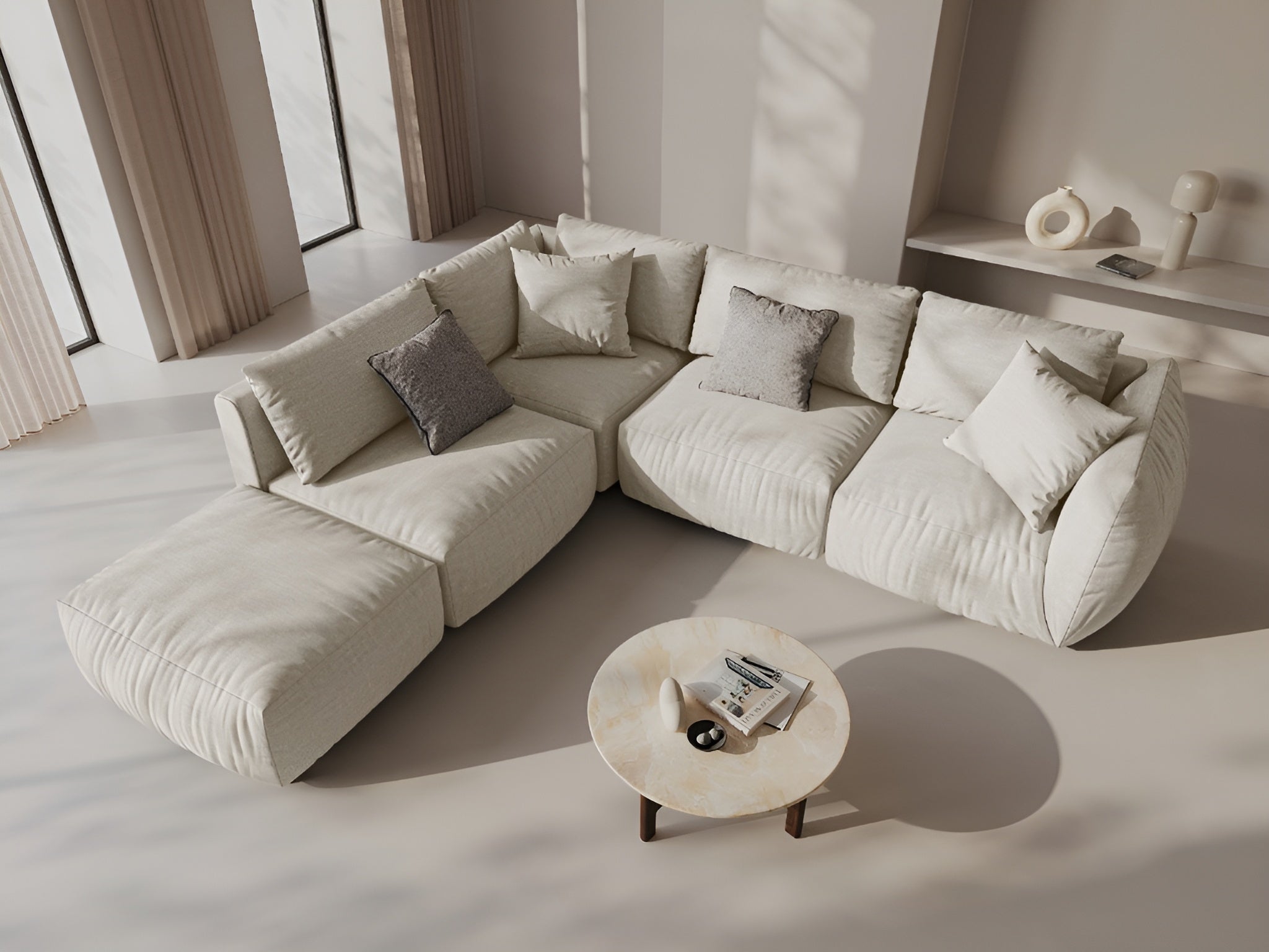 Modulares Ecksofa für 4 Personen, linksseitig, CHRIS, cremefarbener Chenille