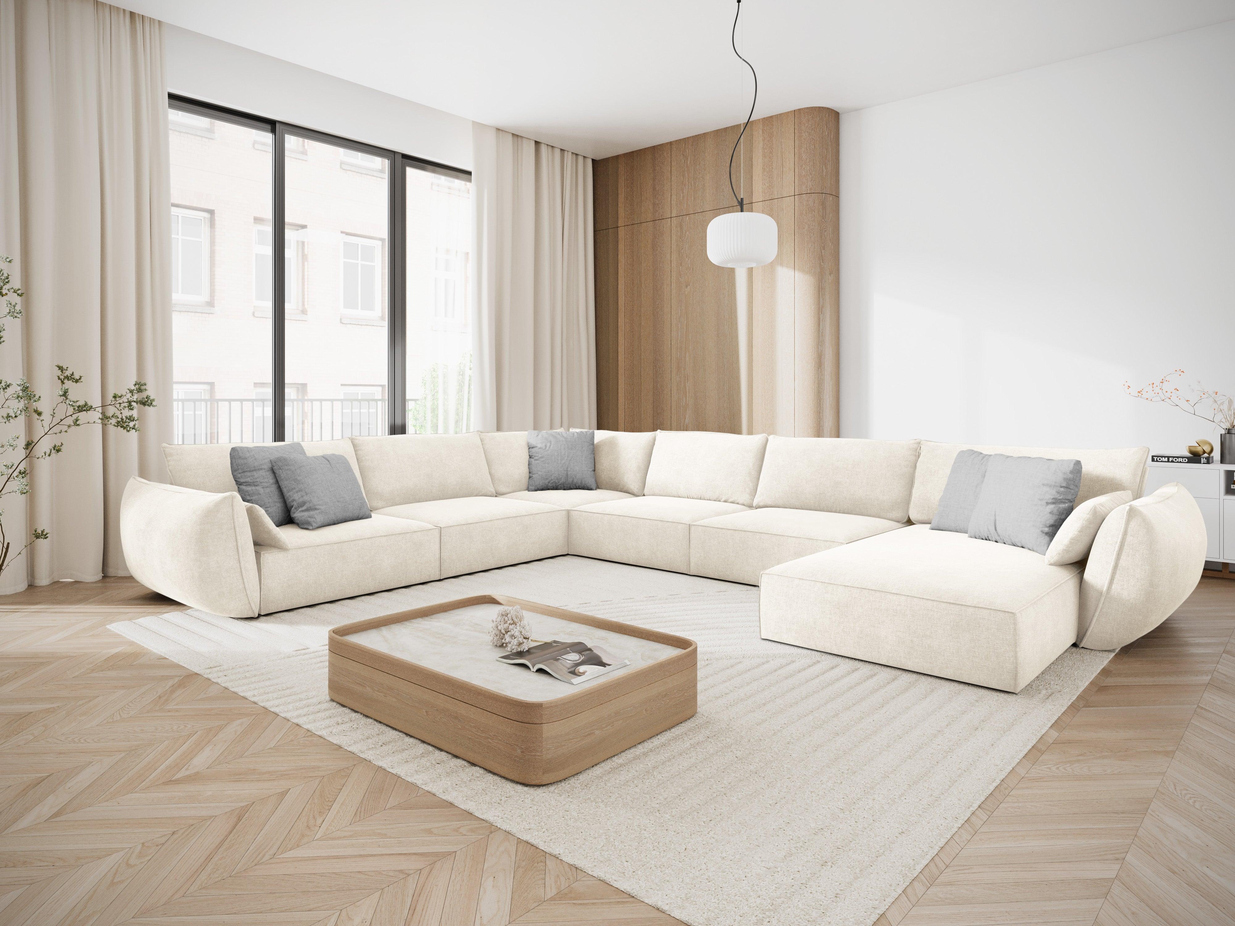 Narożnik panoramiczny w tkaninie szenilowej lewostronny VANDA jasnobeżowy Mazzini Sofas Eye on Design
