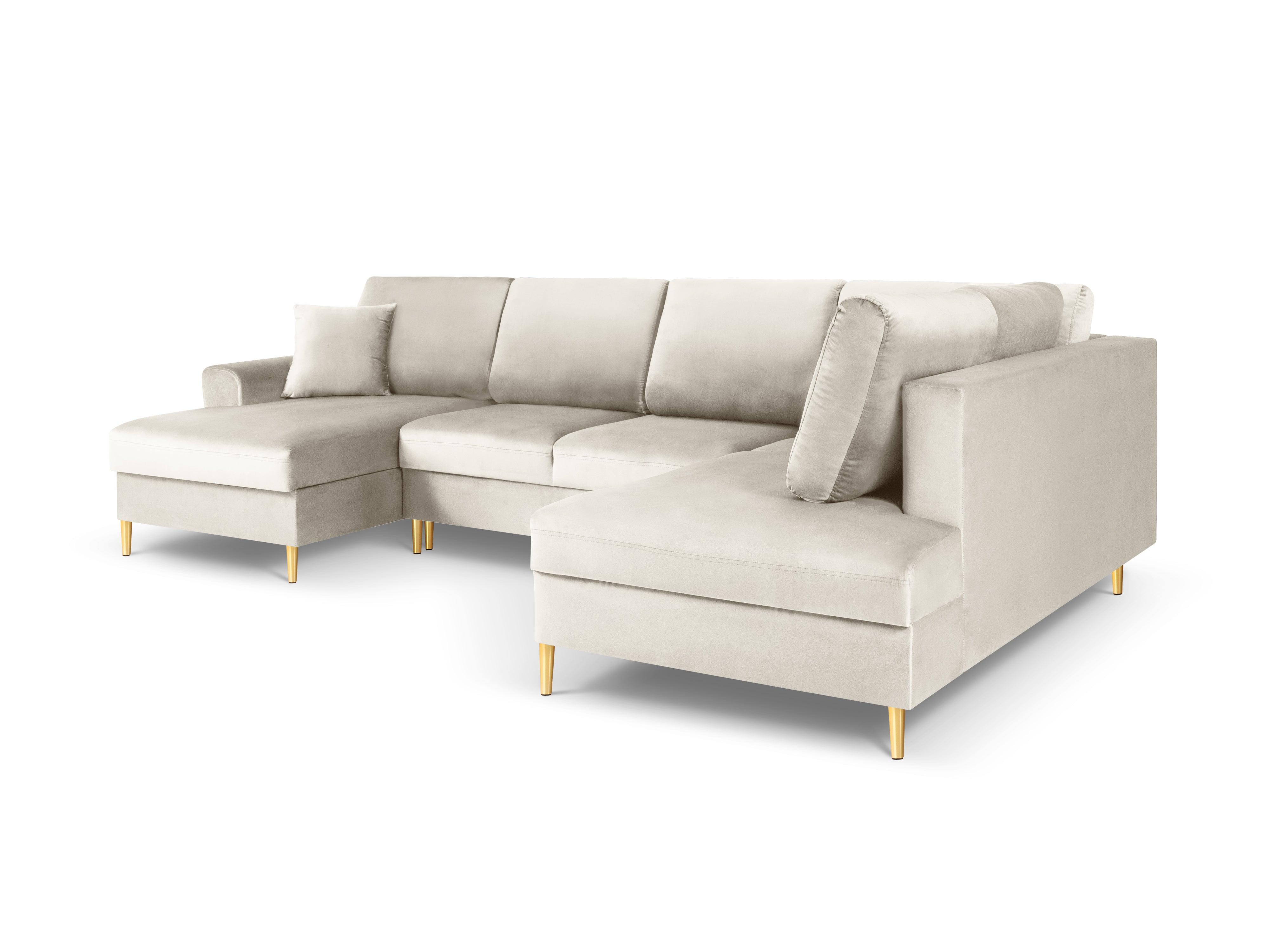 Narożnik prawostronny aksamitny panoramiczny z funkcją spania KYOTO beżowy ze złotą podstawą Cosmopolitan Design Eye on Design