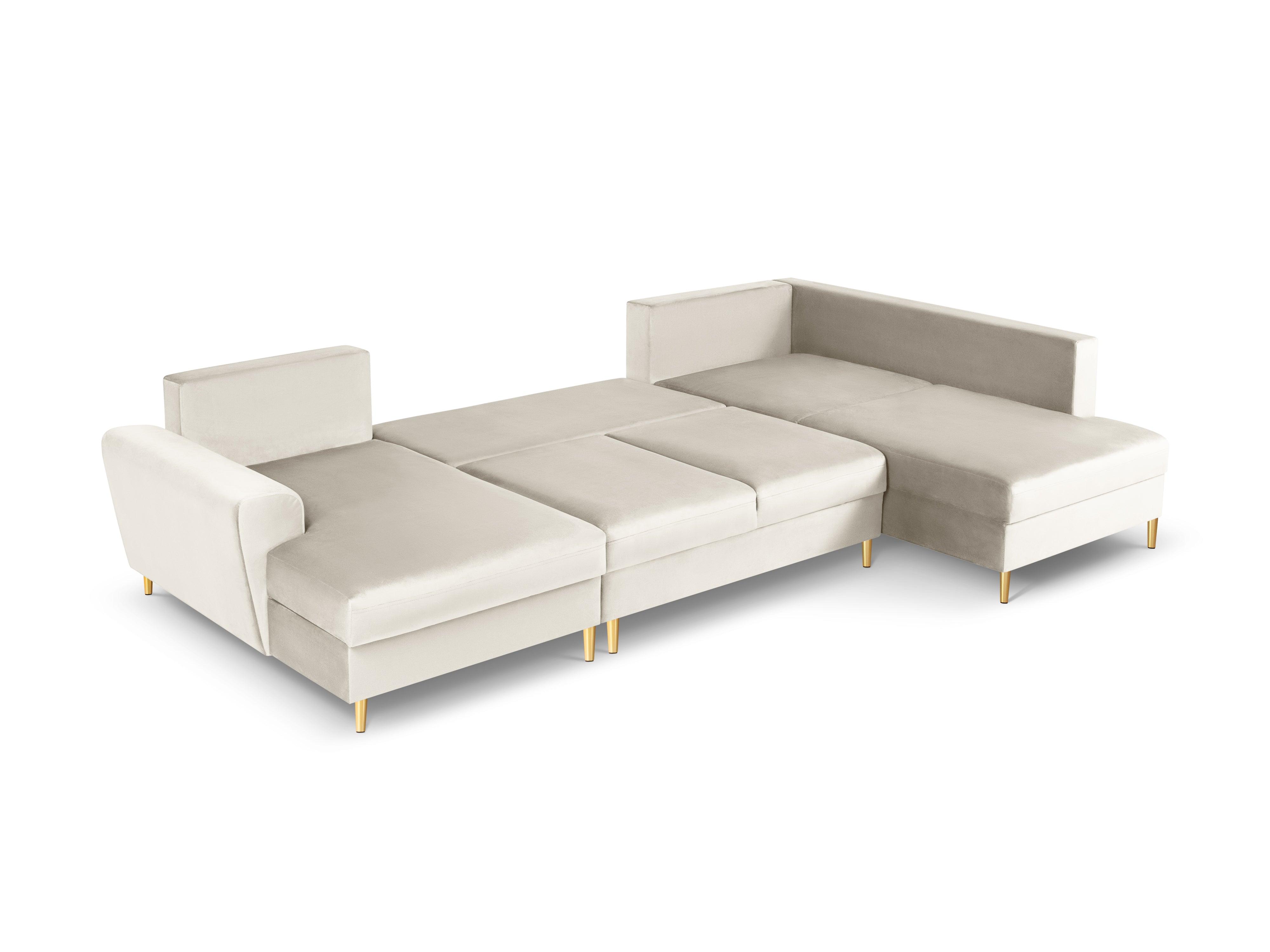 Narożnik prawostronny aksamitny panoramiczny z funkcją spania KYOTO beżowy ze złotą podstawą Cosmopolitan Design Eye on Design