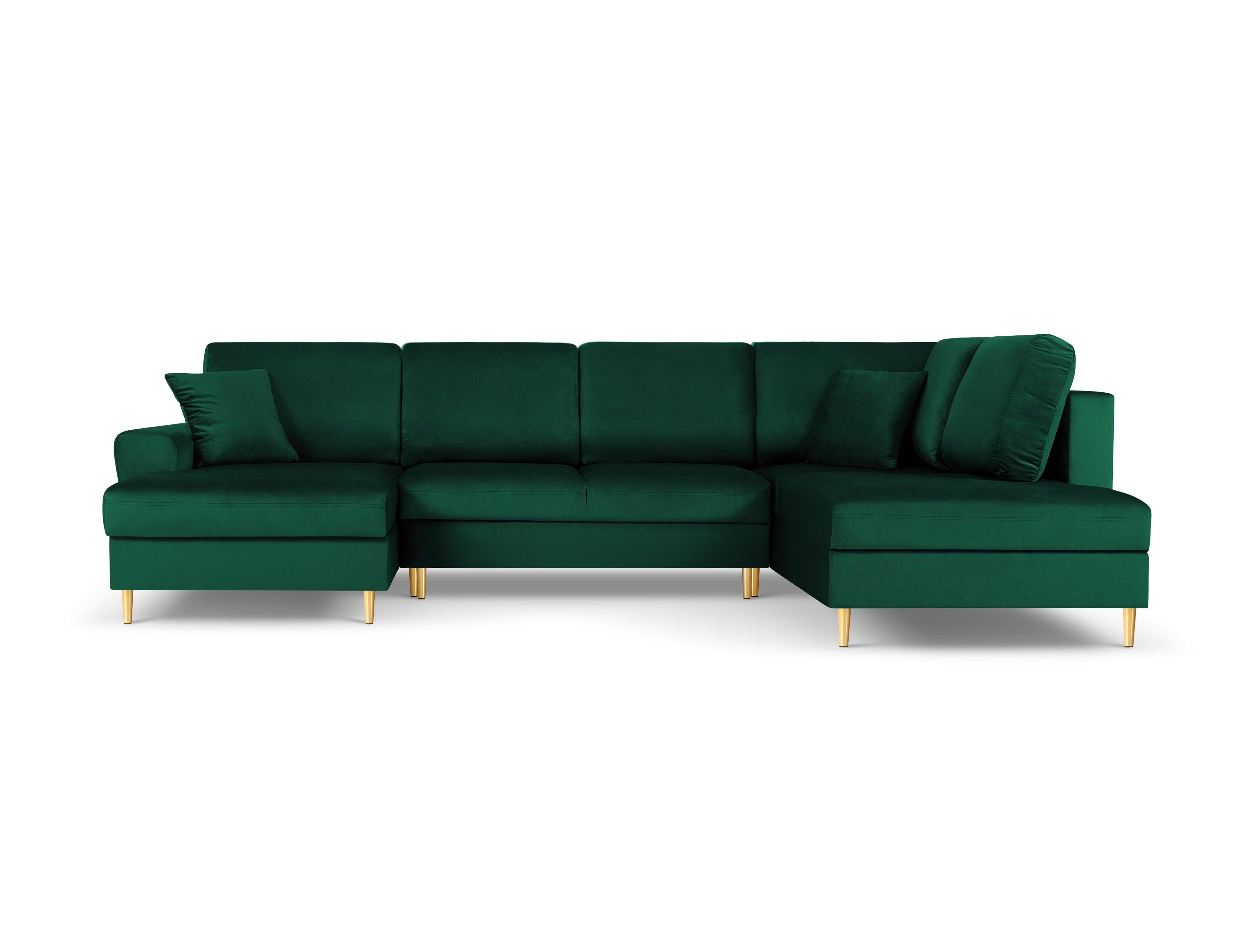 Narożnik prawostronny aksamitny panoramiczny z funkcją spania KYOTO butelkowa zieleń ze złotą podstawą Cosmopolitan Design Eye on Design