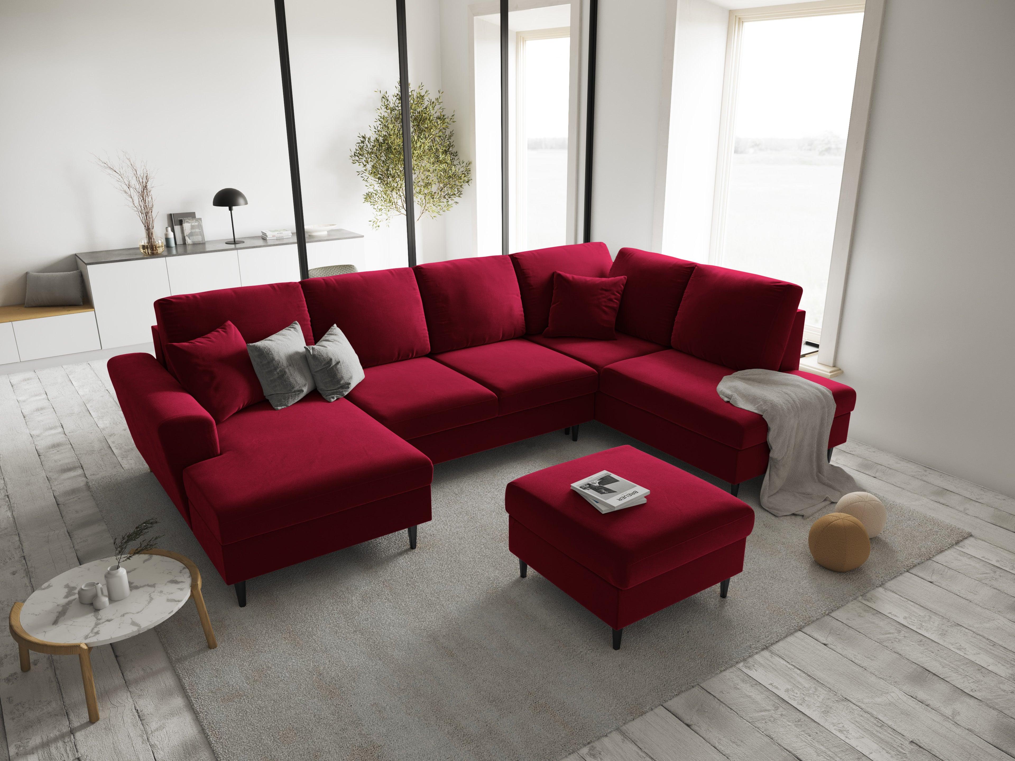 Narożnik prawostronny aksamitny panoramiczny z funkcją spania KYOTO czerwony z czarną podstawą Cosmopolitan Design Eye on Design