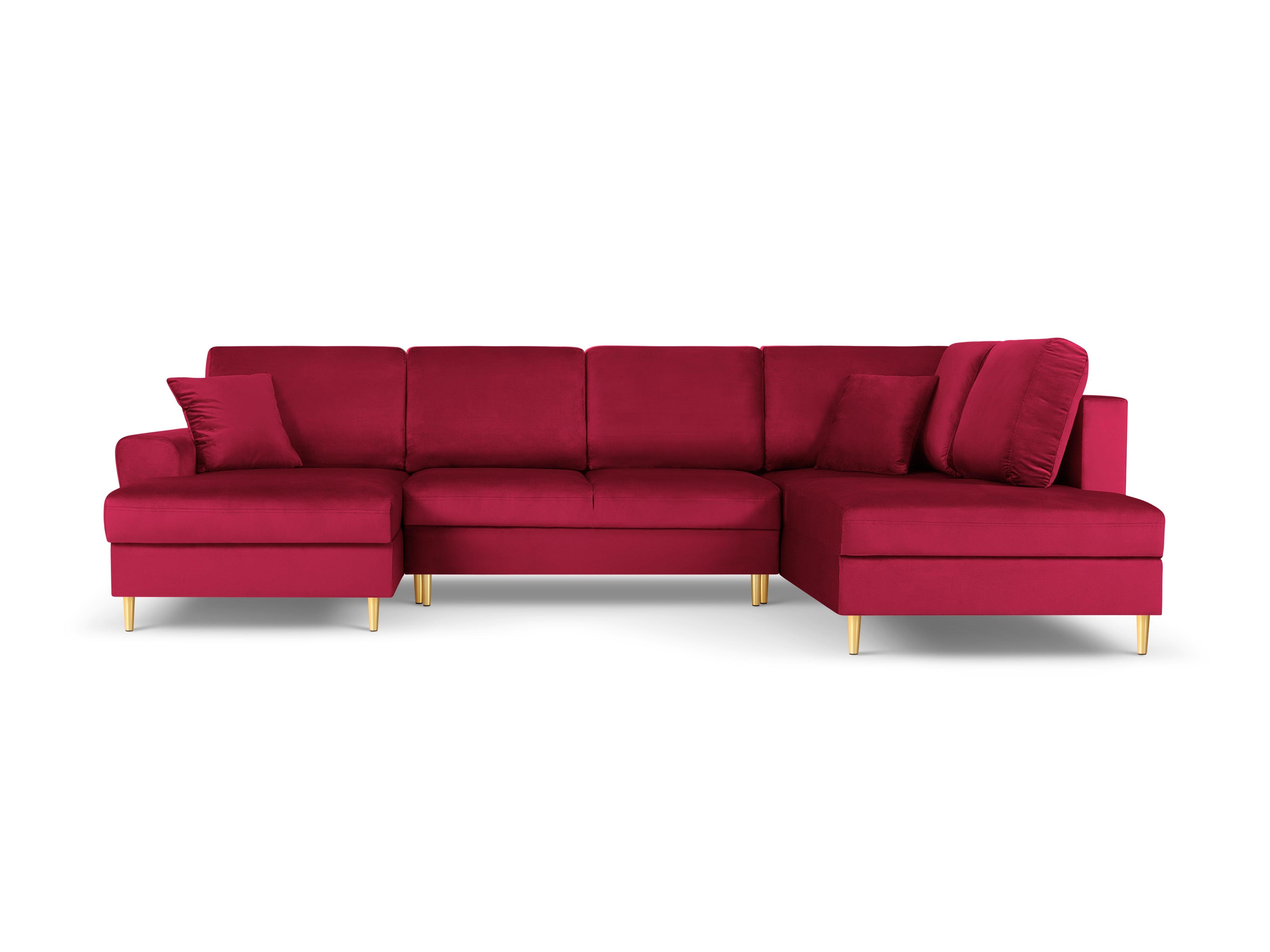 Narożnik prawostronny aksamitny panoramiczny z funkcją spania KYOTO czerwony ze złotą podstawą Cosmopolitan Design Eye on Design