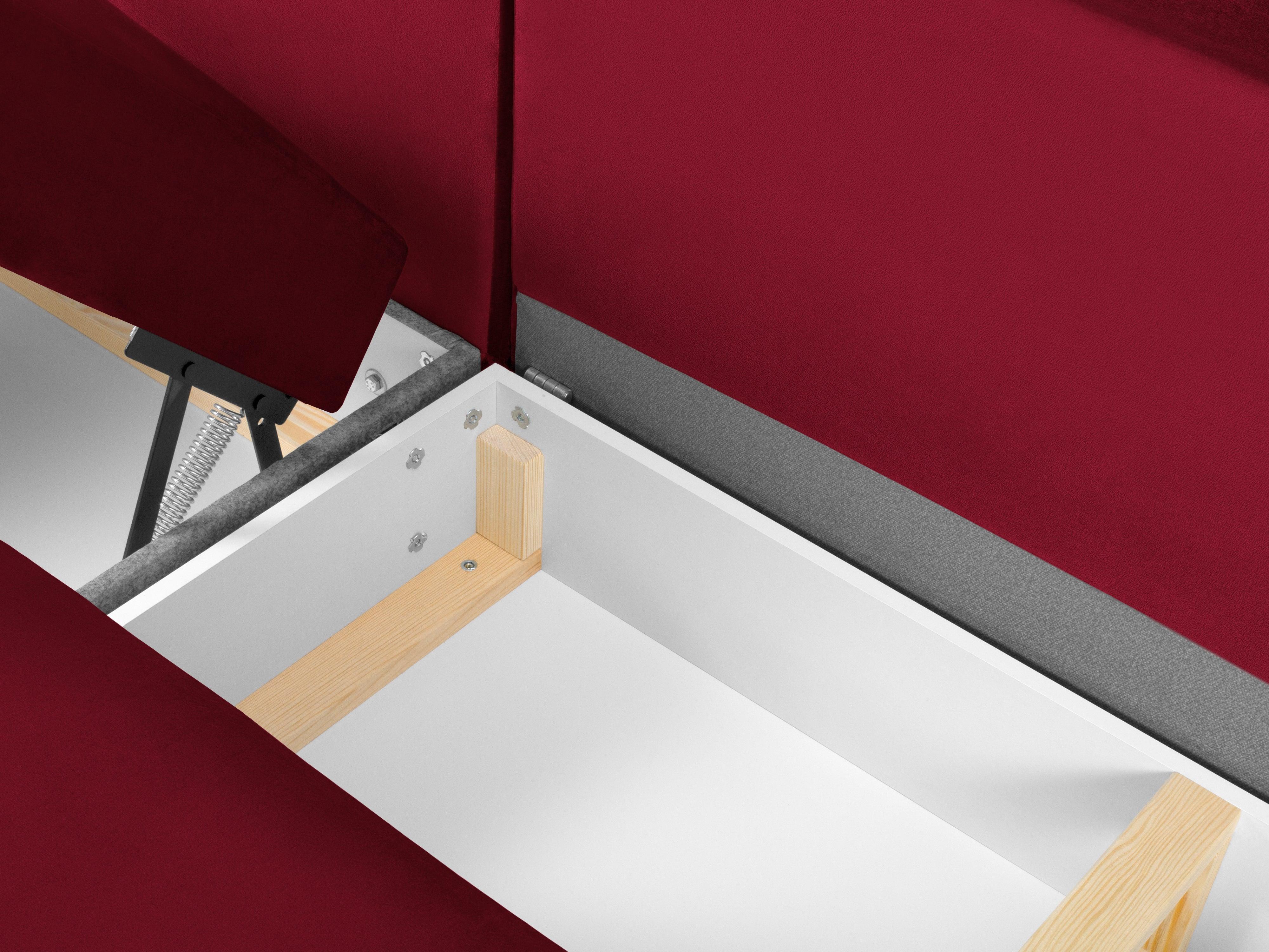 Narożnik prawostronny aksamitny panoramiczny z funkcją spania KYOTO czerwony ze złotą podstawą Cosmopolitan Design Eye on Design