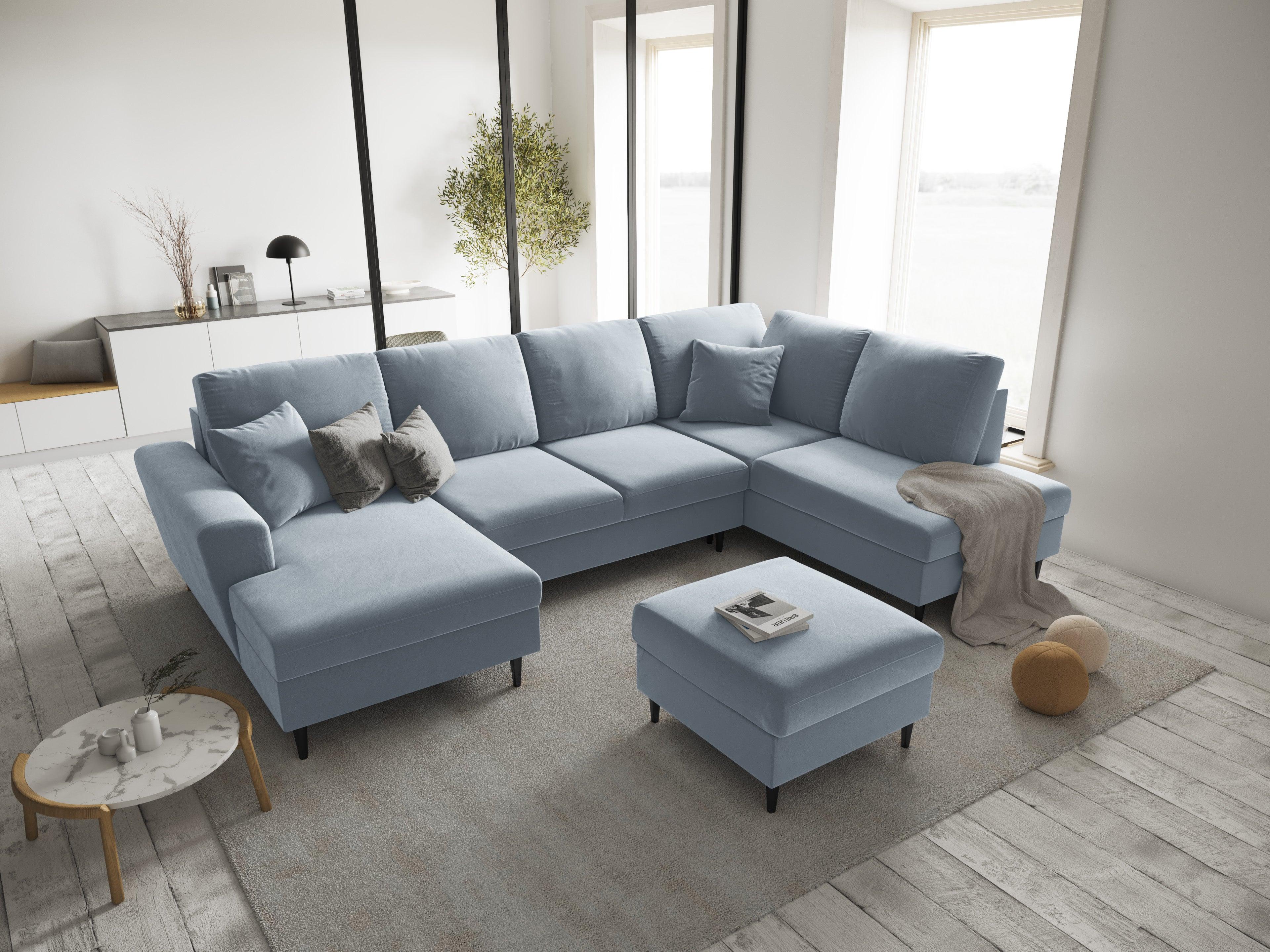 Narożnik prawostronny aksamitny panoramiczny z funkcją spania KYOTO jasnoniebieski z czarną podstawą Cosmopolitan Design Eye on Design