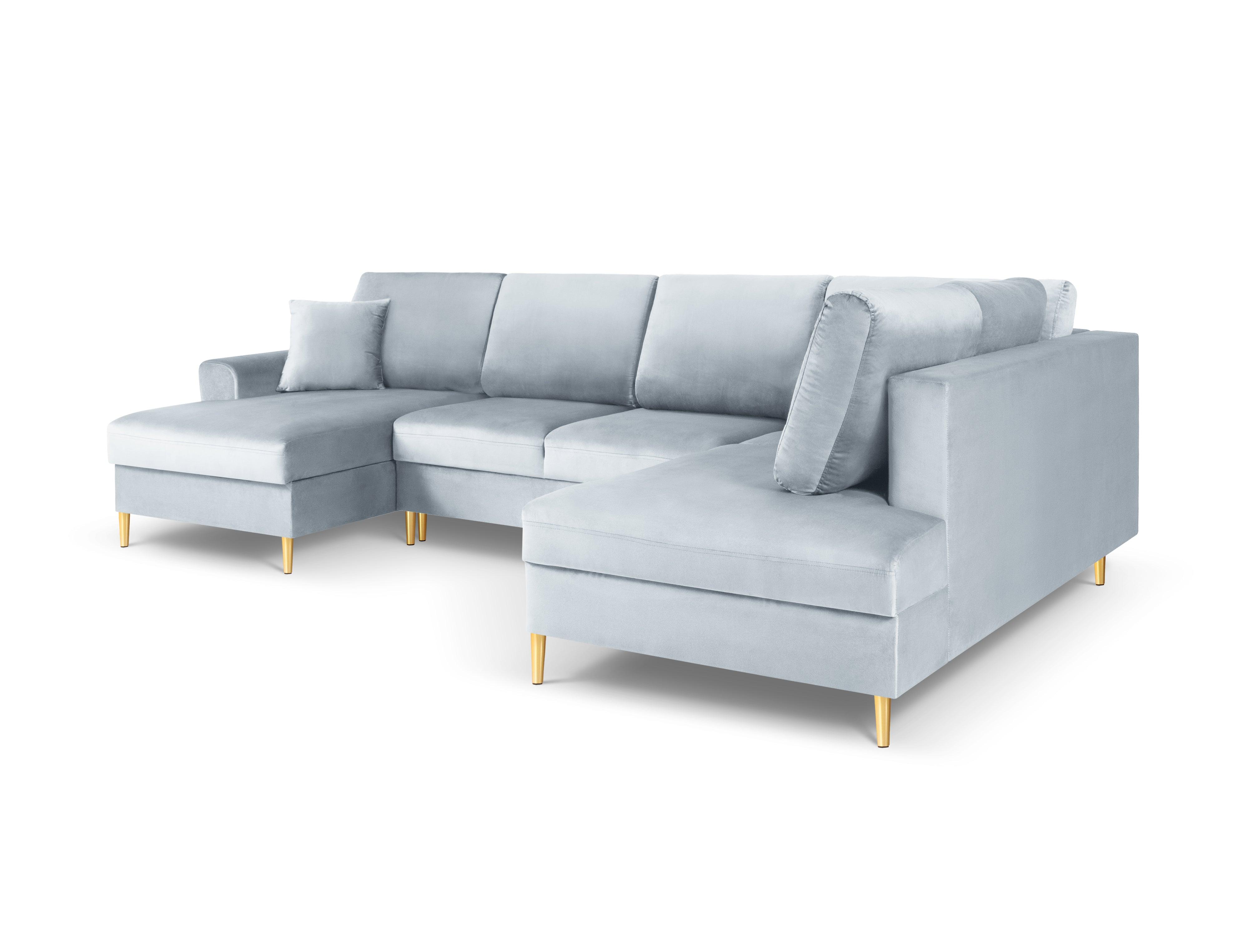 Narożnik prawostronny aksamitny panoramiczny z funkcją spania KYOTO jasnoniebieski ze złotą podstawą Cosmopolitan Design Eye on Design