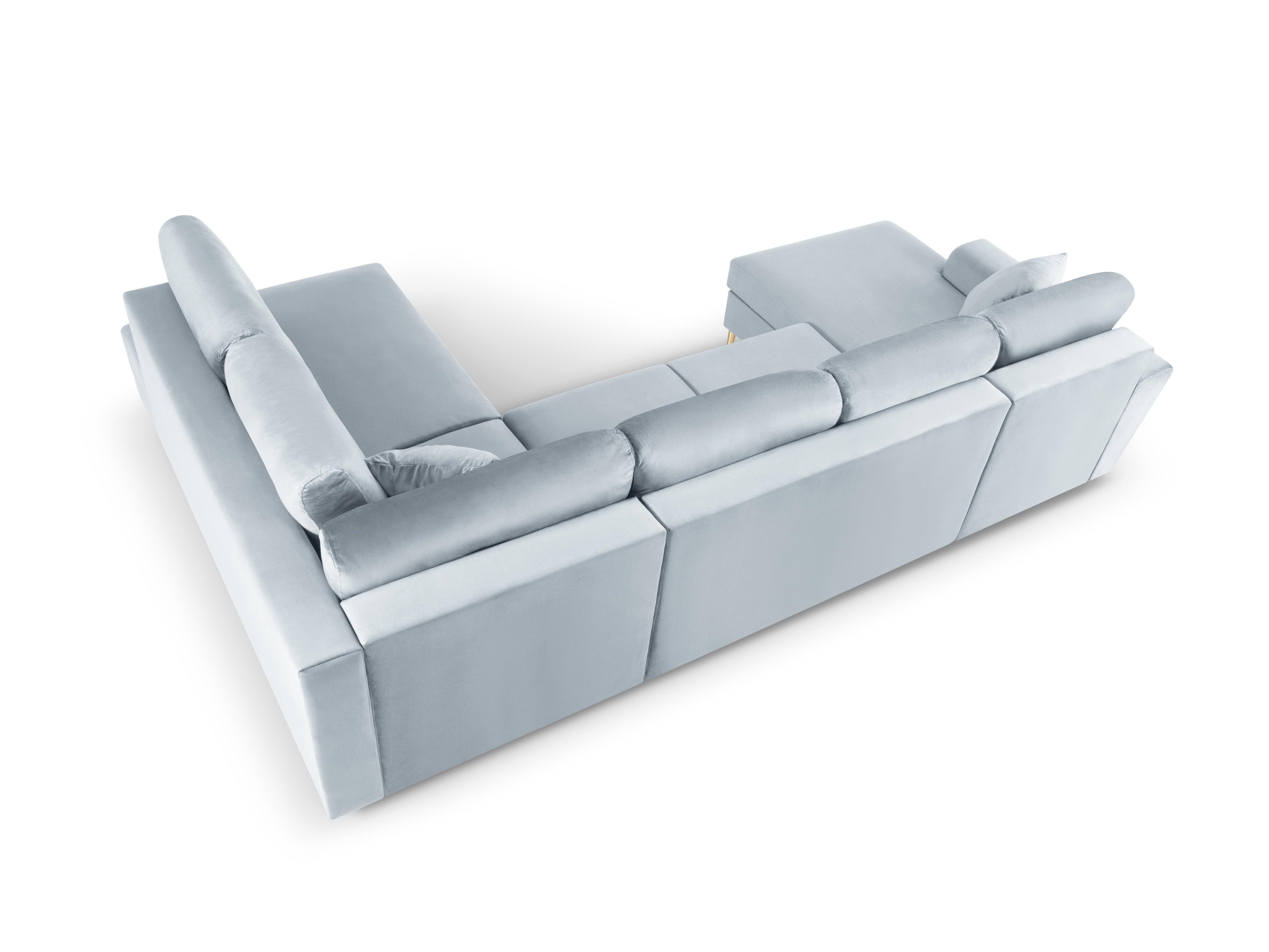 Narożnik prawostronny aksamitny panoramiczny z funkcją spania KYOTO jasnoniebieski ze złotą podstawą Cosmopolitan Design Eye on Design