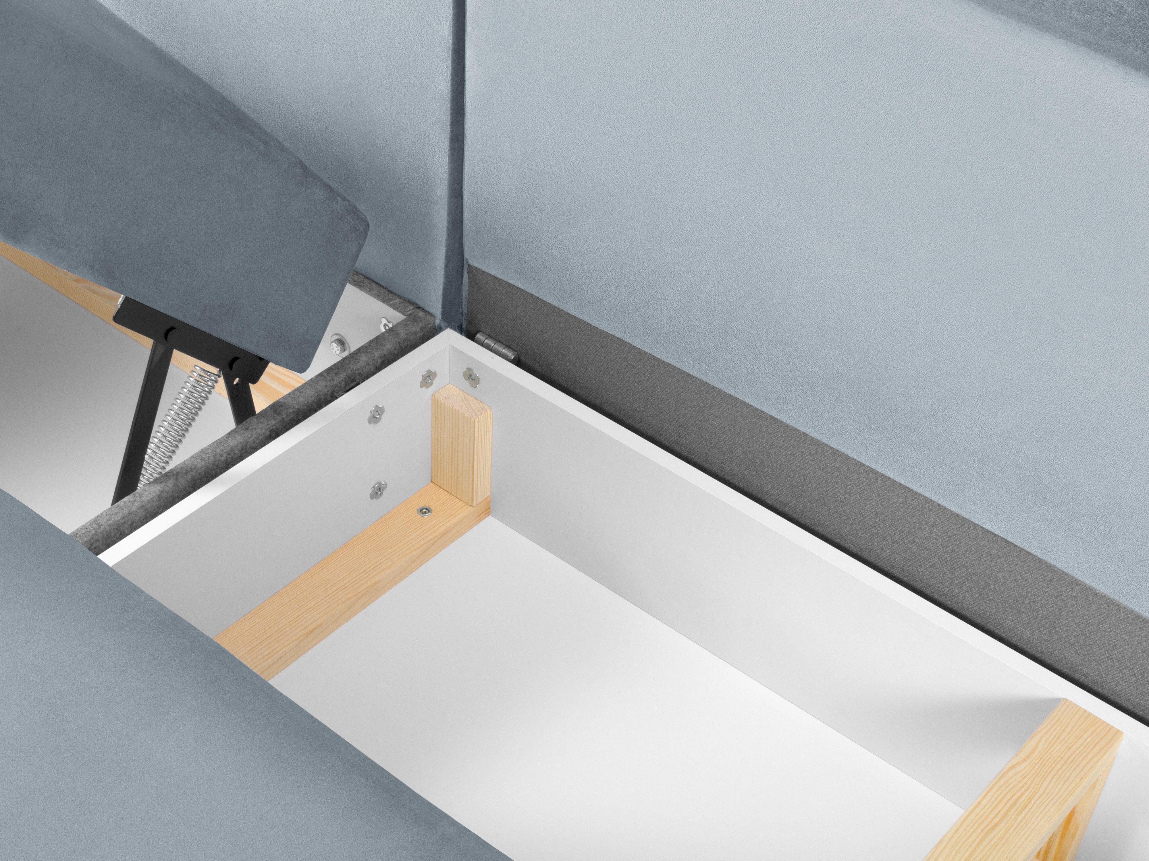 Narożnik prawostronny aksamitny panoramiczny z funkcją spania KYOTO jasnoniebieski ze złotą podstawą Cosmopolitan Design Eye on Design