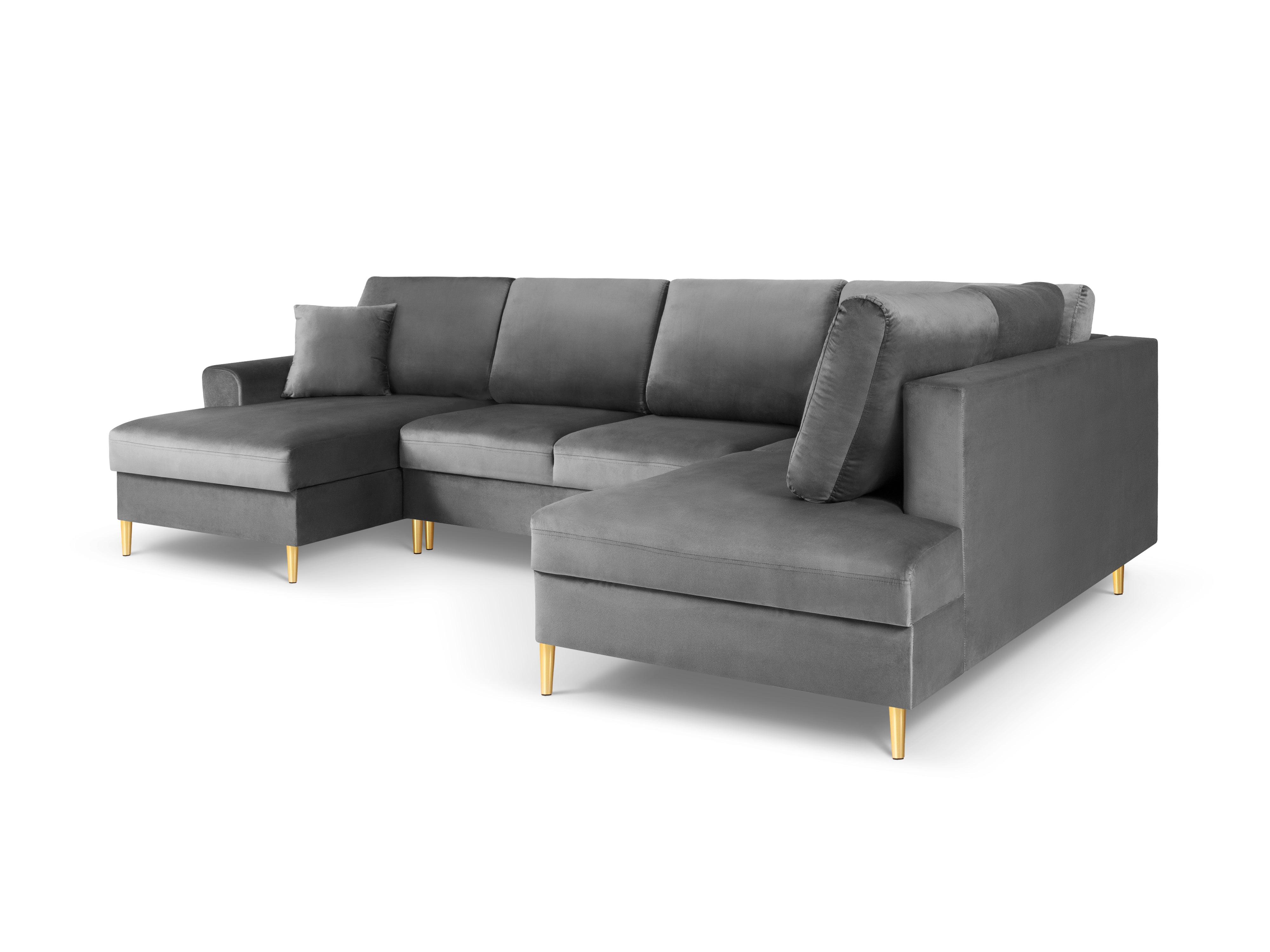 Narożnik prawostronny aksamitny panoramiczny z funkcją spania KYOTO jasnoszary ze złotą podstawą Cosmopolitan Design Eye on Design