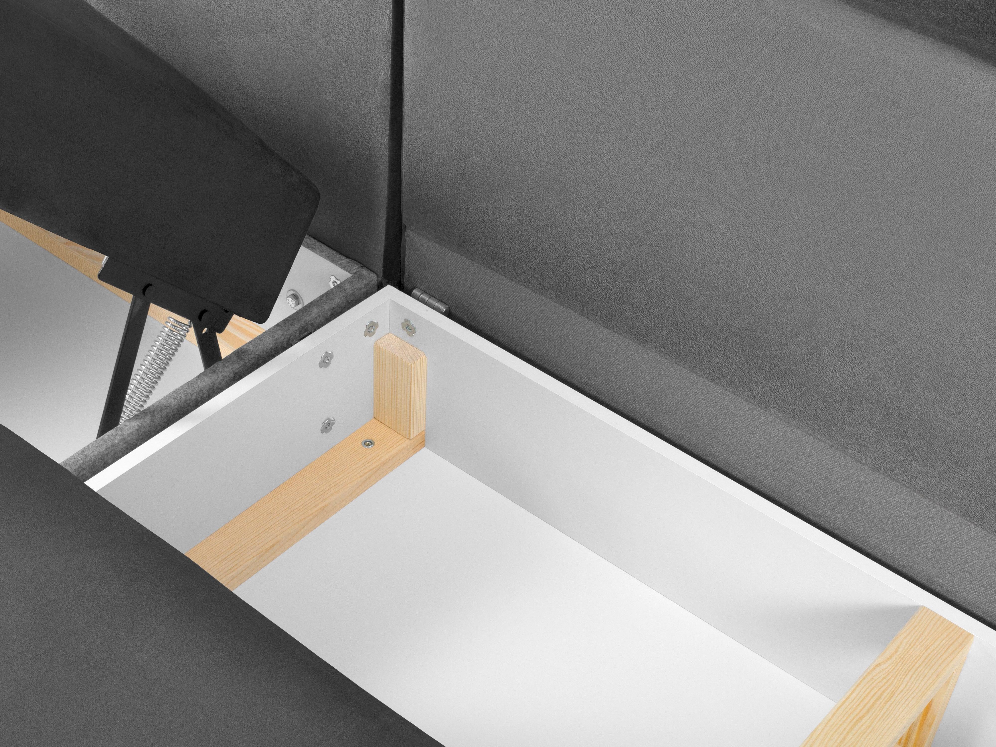 Narożnik prawostronny aksamitny panoramiczny z funkcją spania KYOTO jasnoszary ze złotą podstawą Cosmopolitan Design Eye on Design