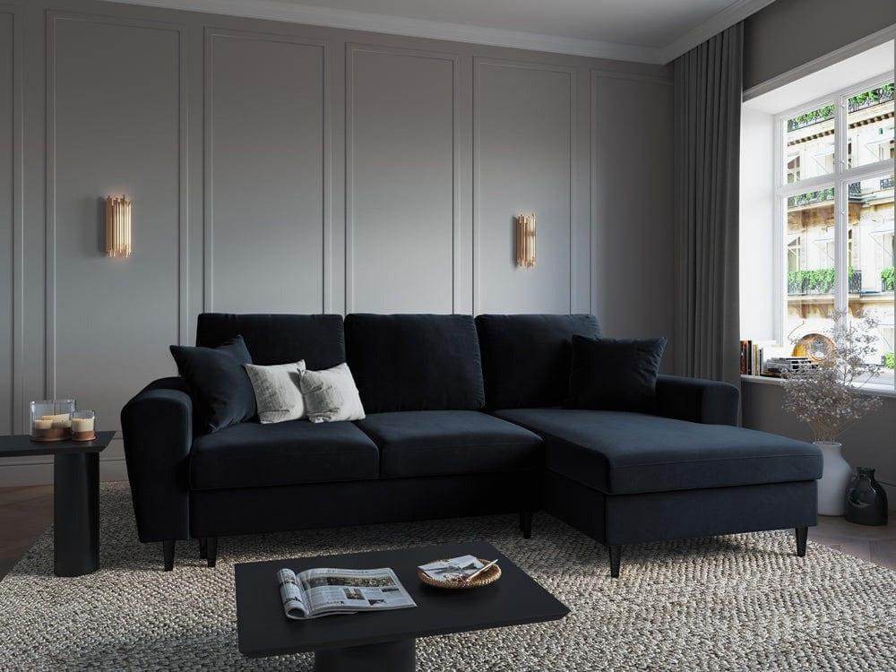 Narożnik prawostronny aksamitny z funkcją spania KYOTO ciemnoniebieski z czarną podstawą Cosmopolitan Design Eye on Design