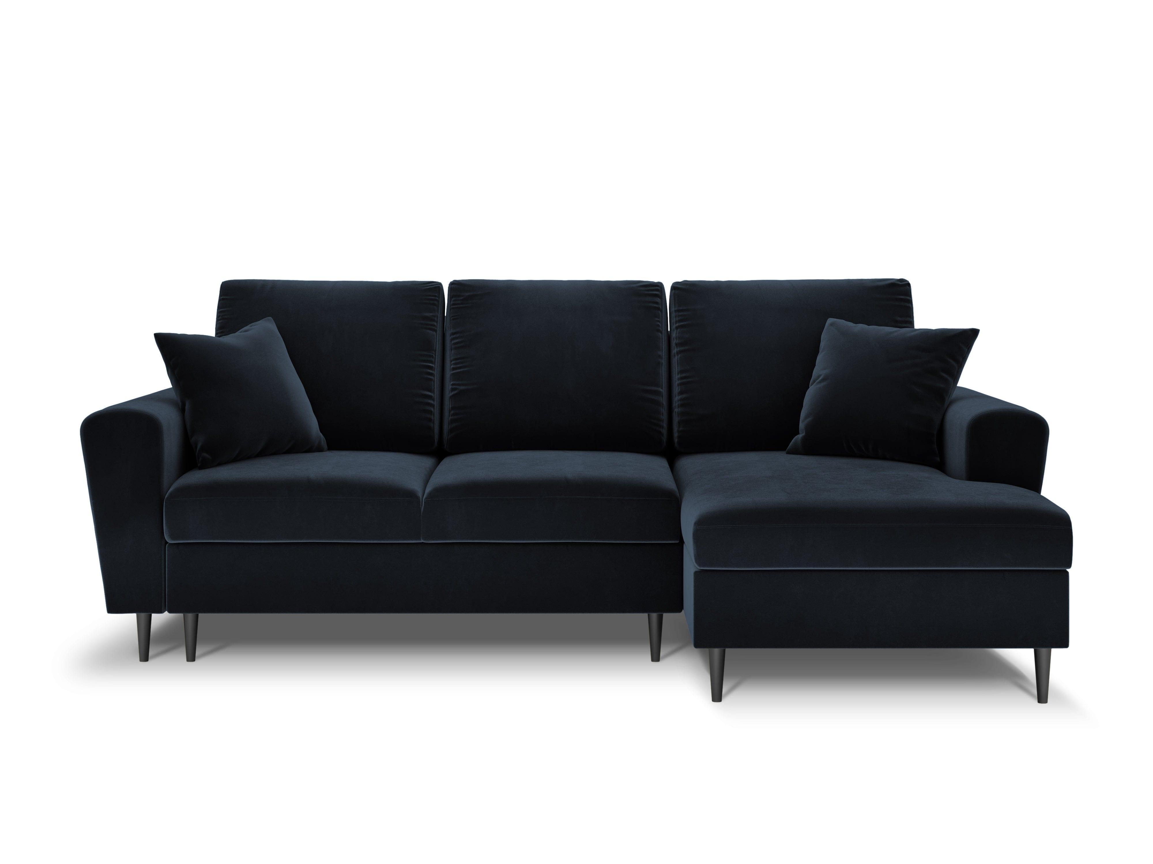 Narożnik prawostronny aksamitny z funkcją spania KYOTO ciemnoniebieski z czarną podstawą Cosmopolitan Design Eye on Design