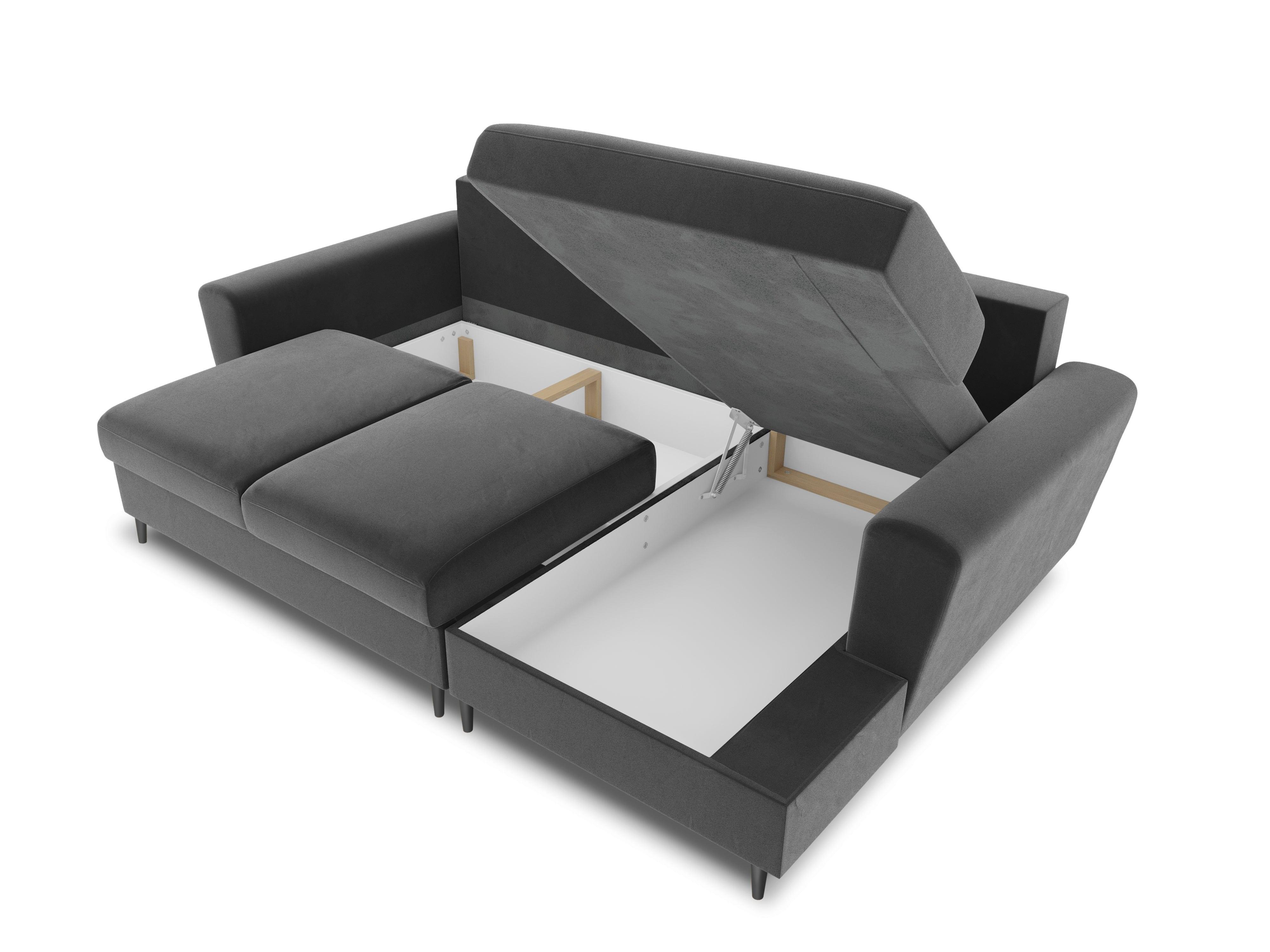 Narożnik prawostronny aksamitny z funkcją spania KYOTO jasnoszary z czarną podstawą Cosmopolitan Design Eye on Design