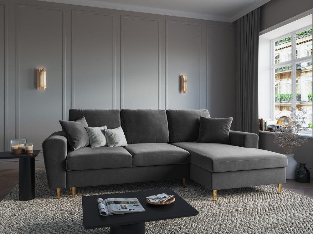 Narożnik prawostronny aksamitny z funkcją spania KYOTO jasnoszary ze złotą podstawą Cosmopolitan Design Eye on Design