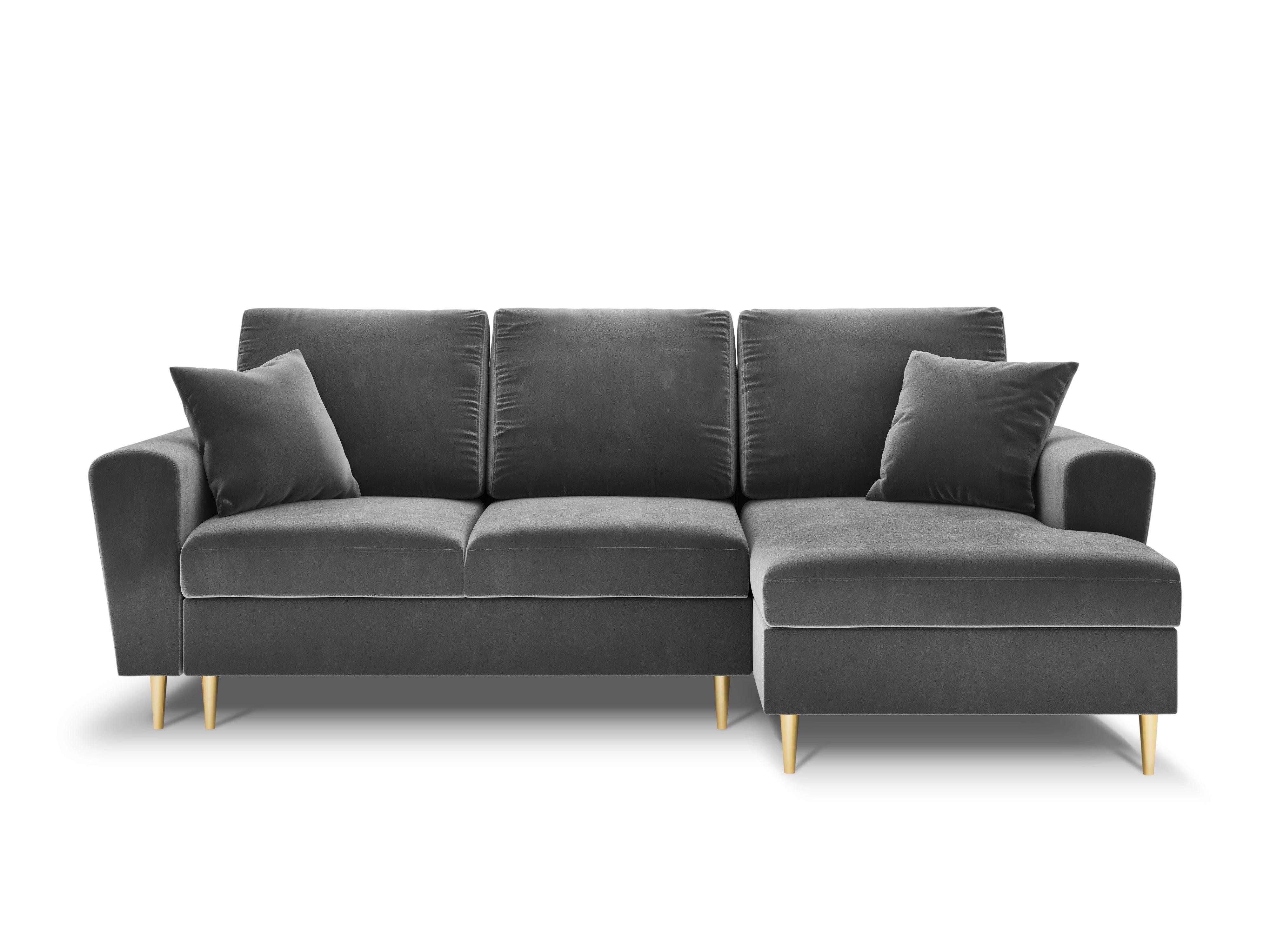 Narożnik prawostronny aksamitny z funkcją spania KYOTO jasnoszary ze złotą podstawą Cosmopolitan Design Eye on Design