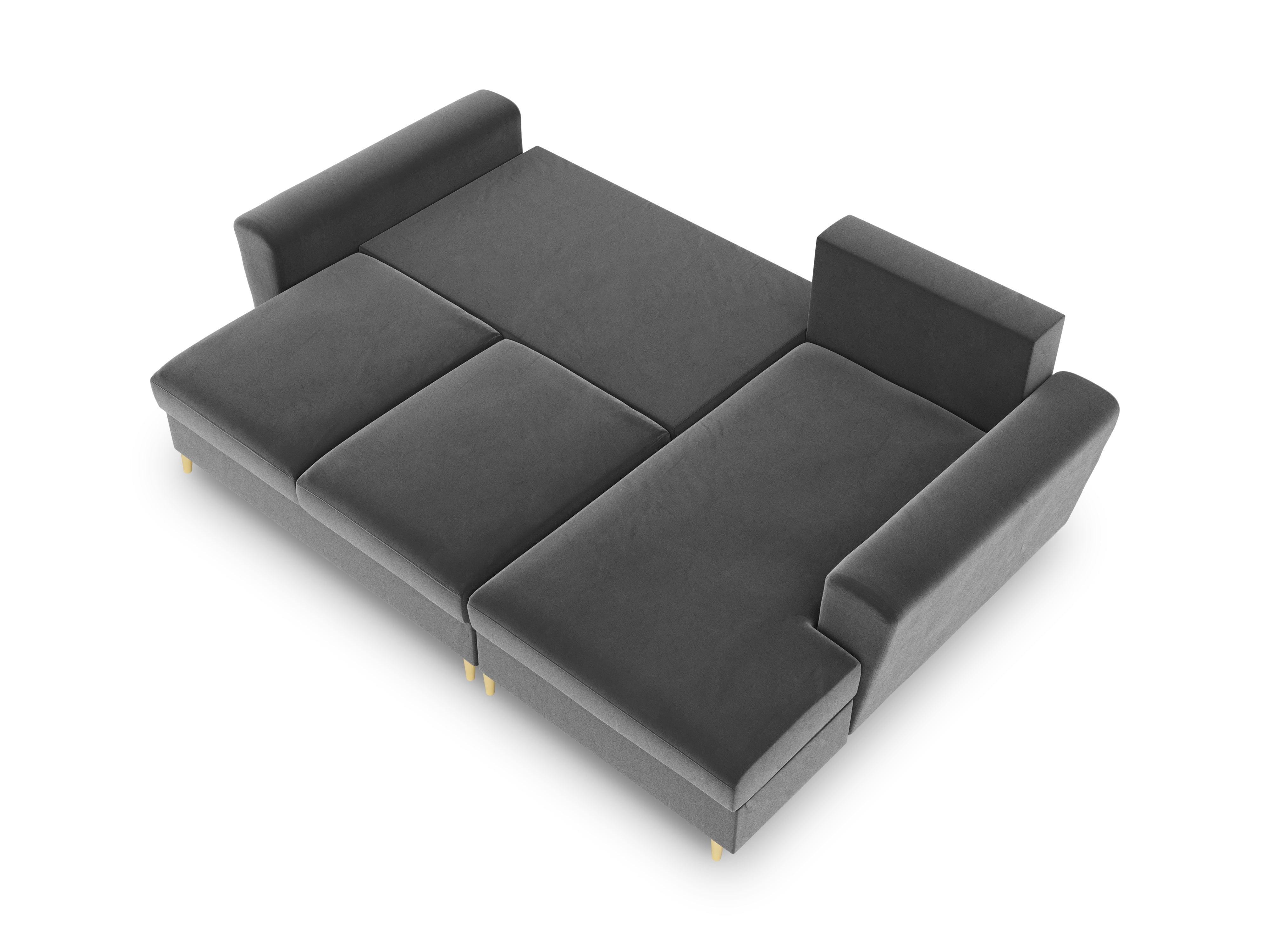 Narożnik prawostronny aksamitny z funkcją spania KYOTO jasnoszary ze złotą podstawą Cosmopolitan Design Eye on Design