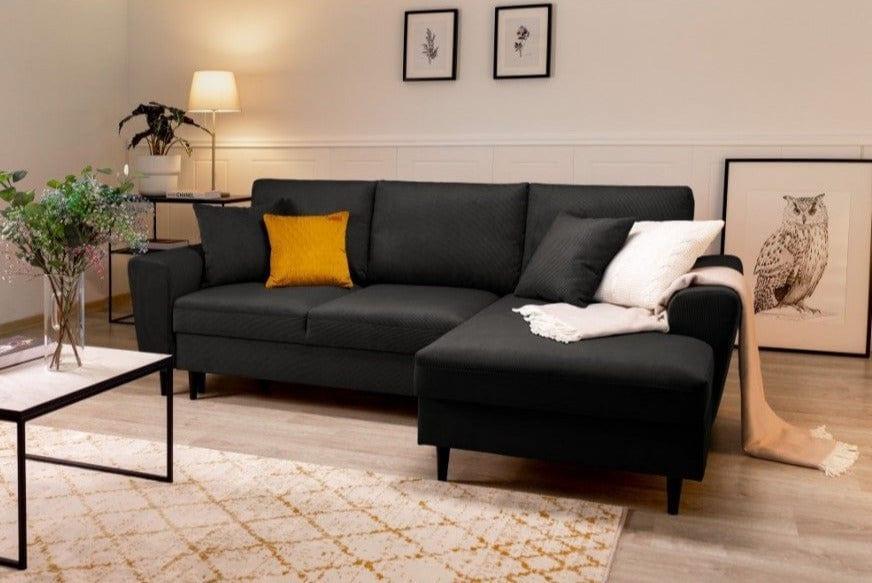 Narożnik prawostronny sztruksowy z funkcją spania KYOTO czarny Cosmopolitan Design Eye on Design