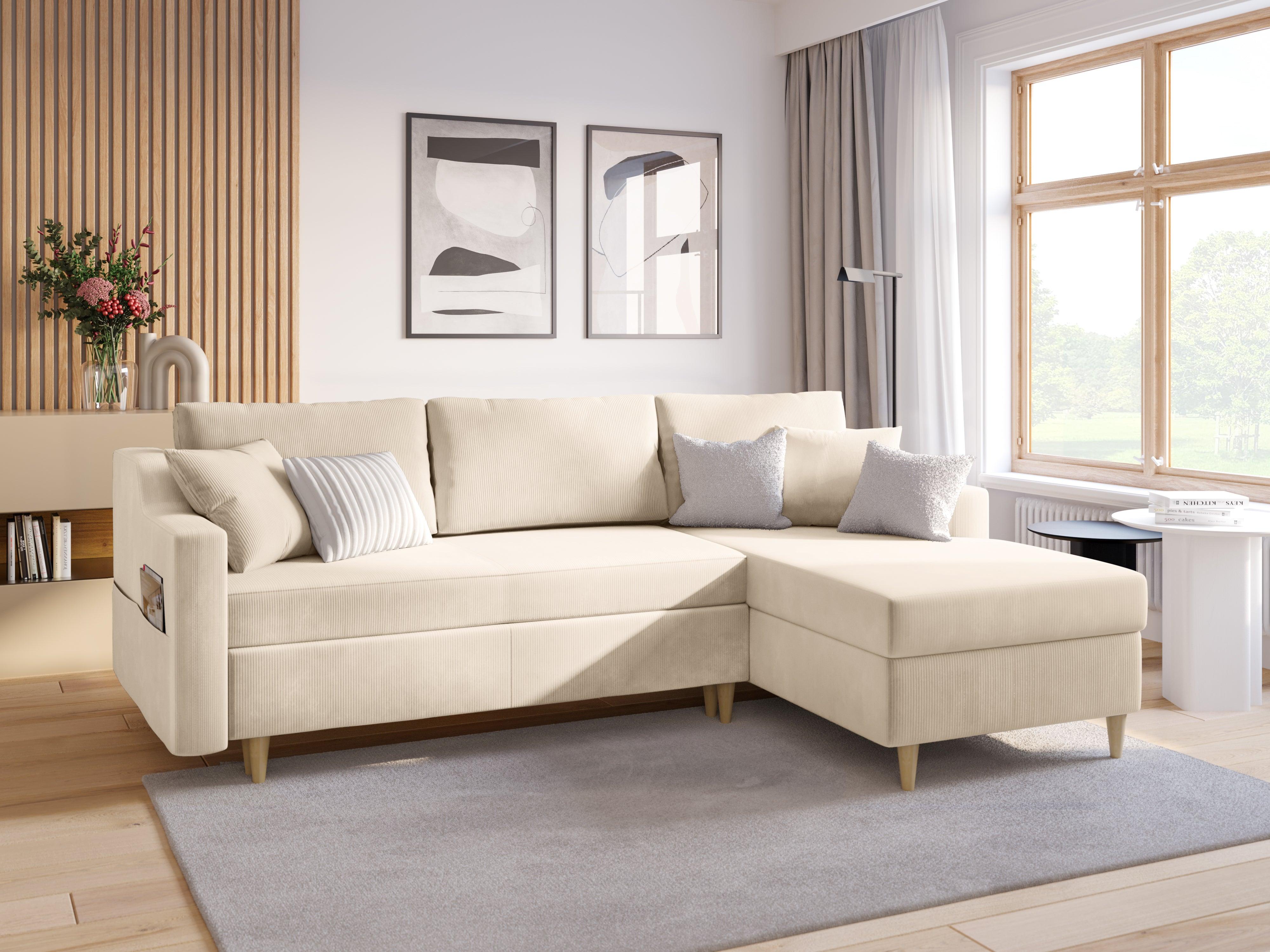 Narożnik prawostronny sztruksowy z funkcją spania ROSE beżowy Mazzini Sofas Eye on Design