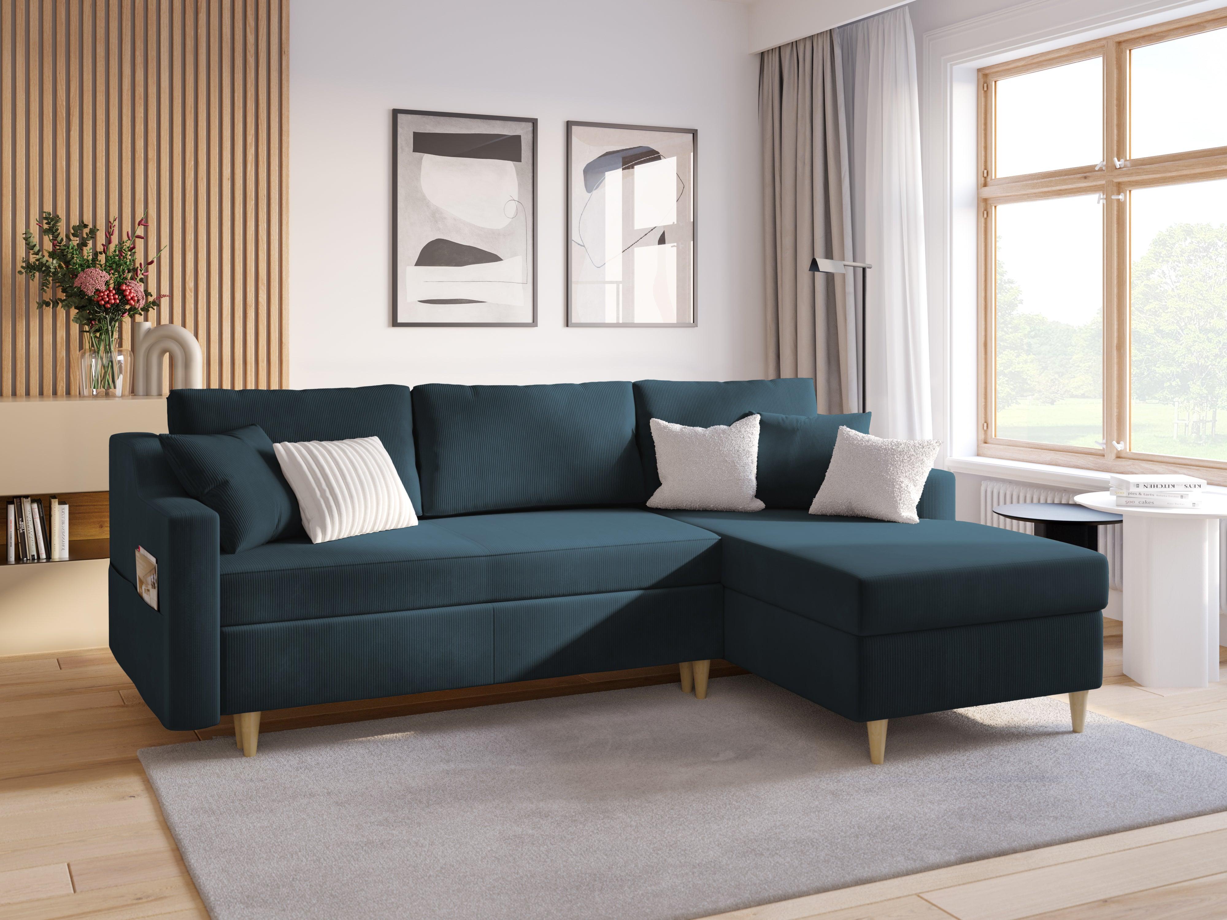 Narożnik prawostronny sztruksowy z funkcją spania ROSE ciemnoniebieski Mazzini Sofas Eye on Design