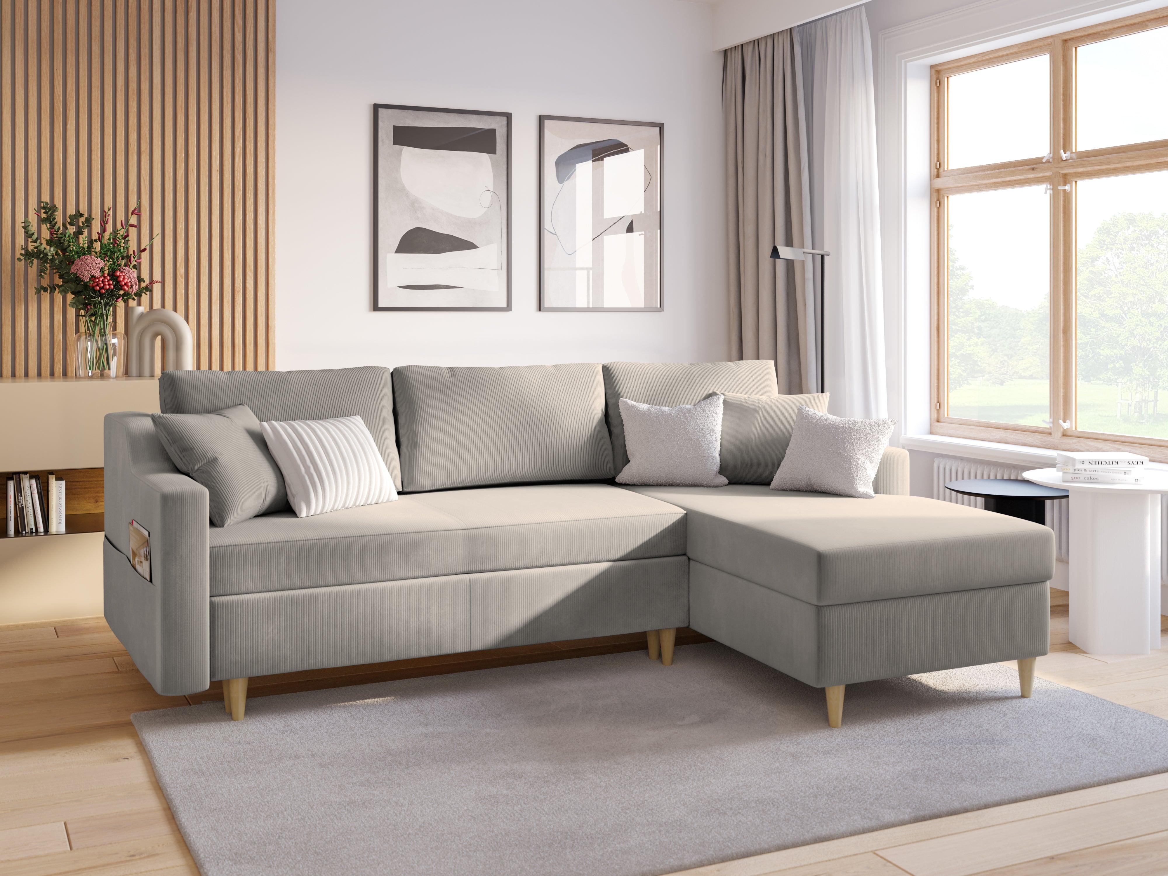 Narożnik prawostronny sztruksowy z funkcją spania ROSE jasnoszary Mazzini Sofas Eye on Design