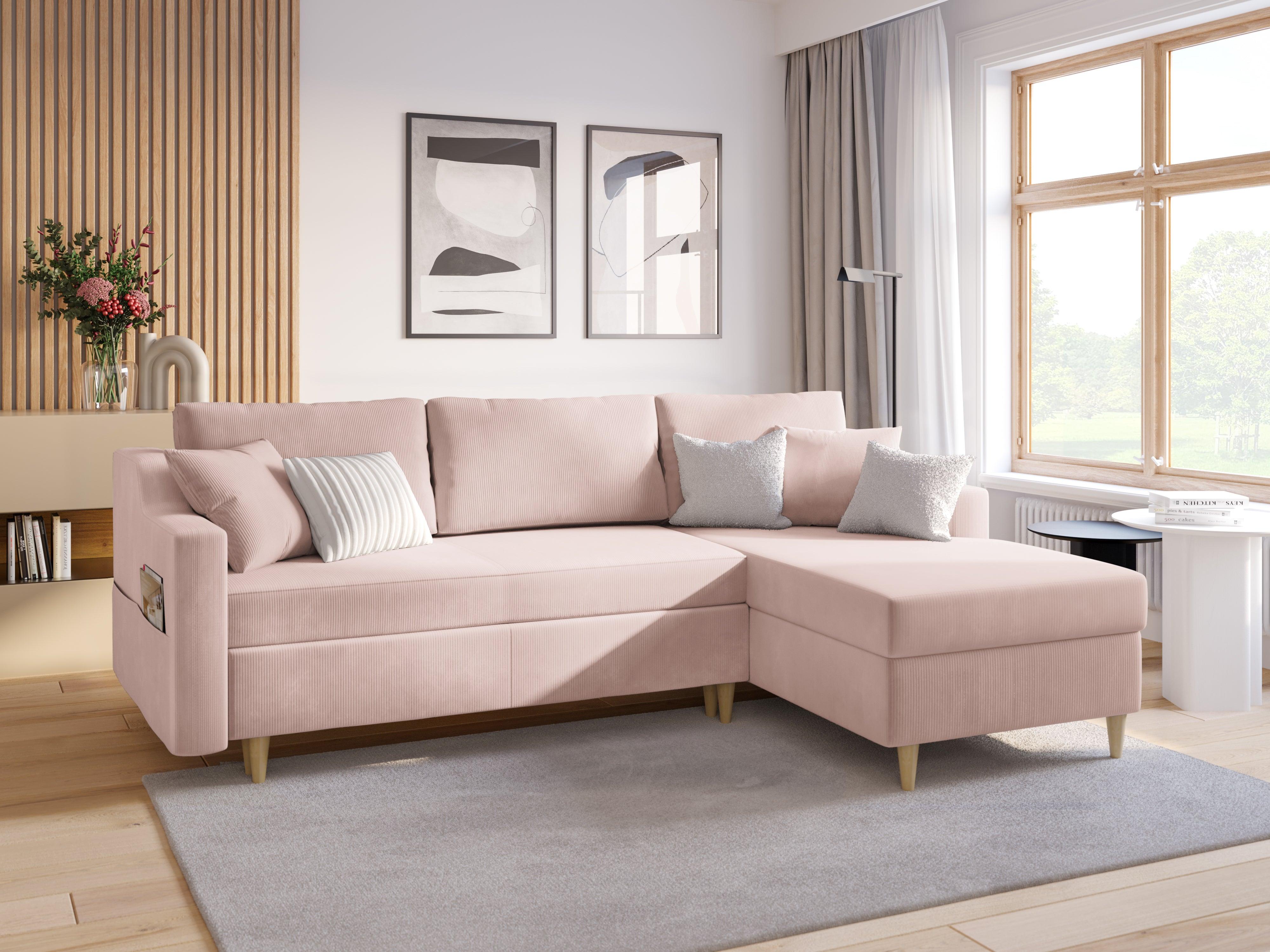 Narożnik prawostronny sztruksowy z funkcją spania ROSE różowy Mazzini Sofas Eye on Design