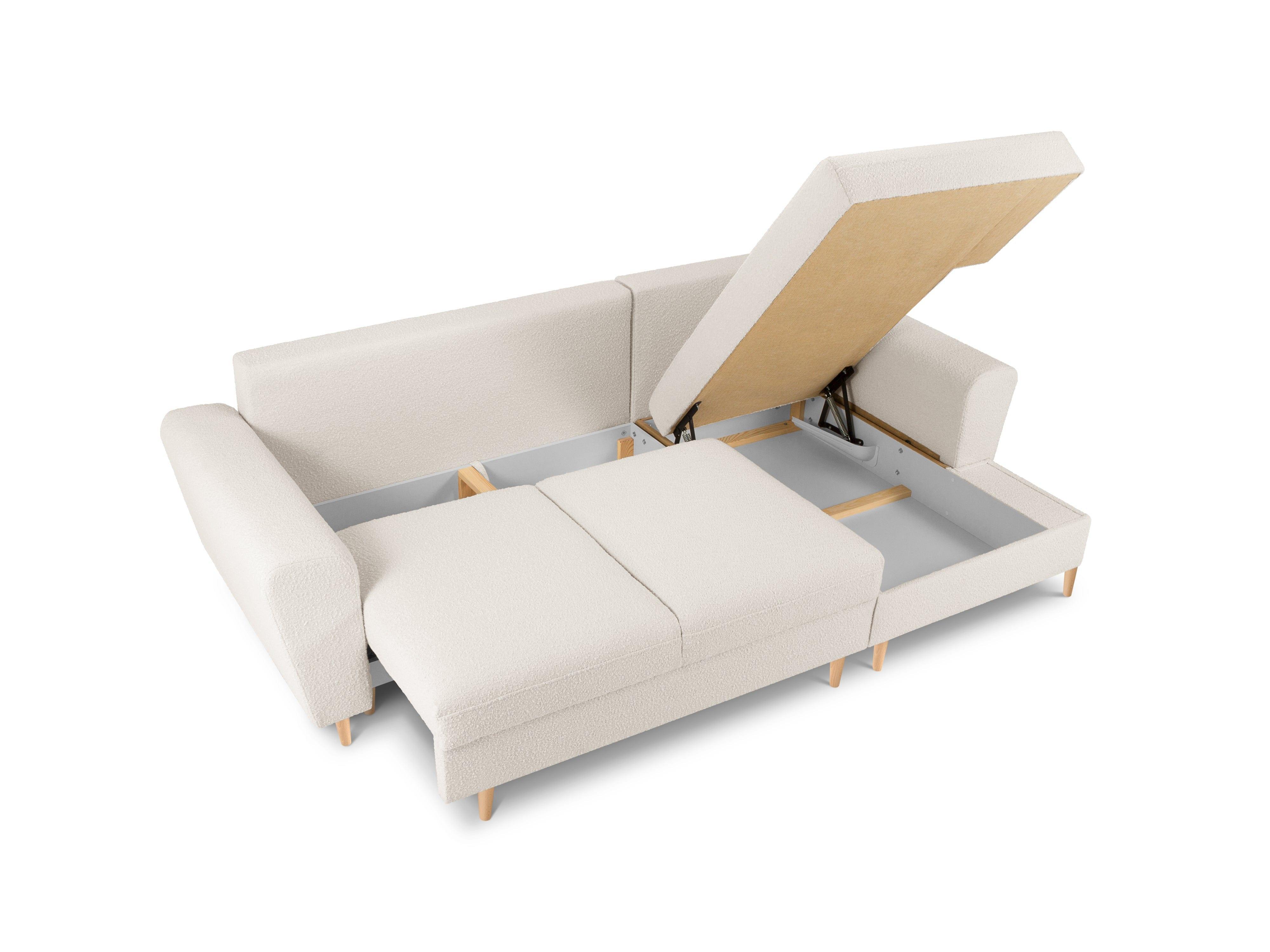 Narożnik prawostronny z funkcją spania KYOTO beżowy bouclé z drewnianą podstawą Cosmopolitan Design Eye on Design