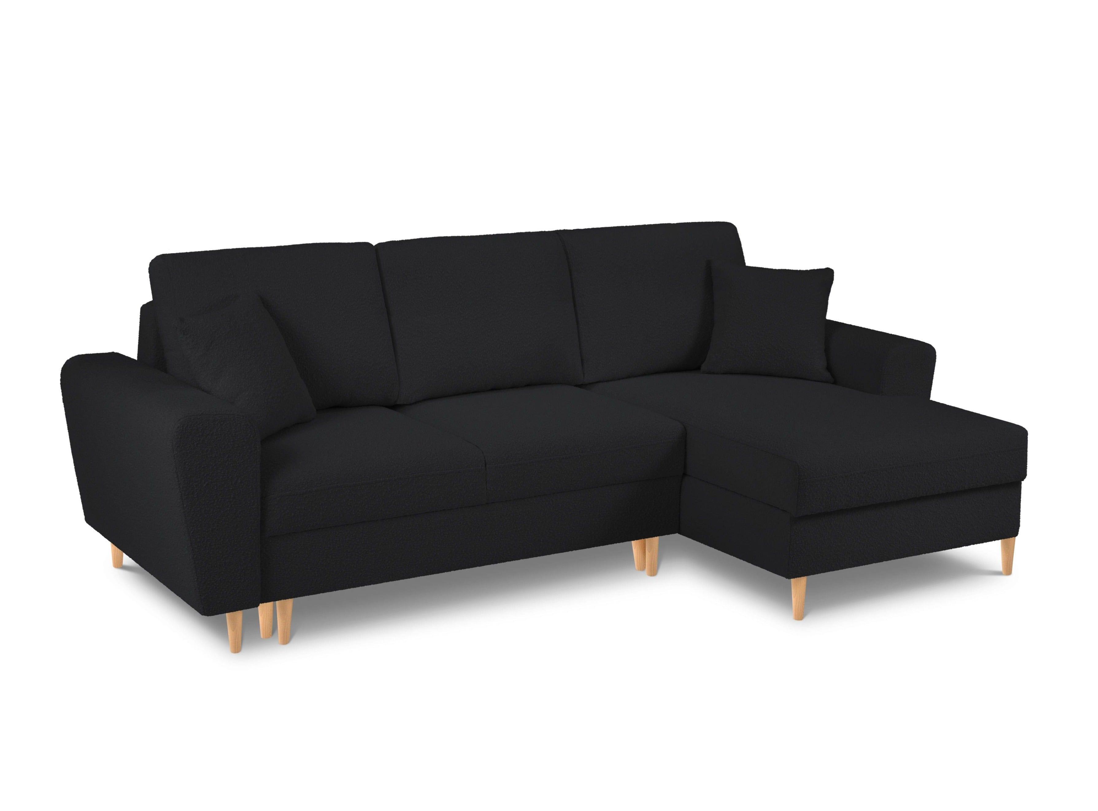 Narożnik prawostronny z funkcją spania KYOTO czarny bouclé z drewnianą podstawą Cosmopolitan Design Eye on Design