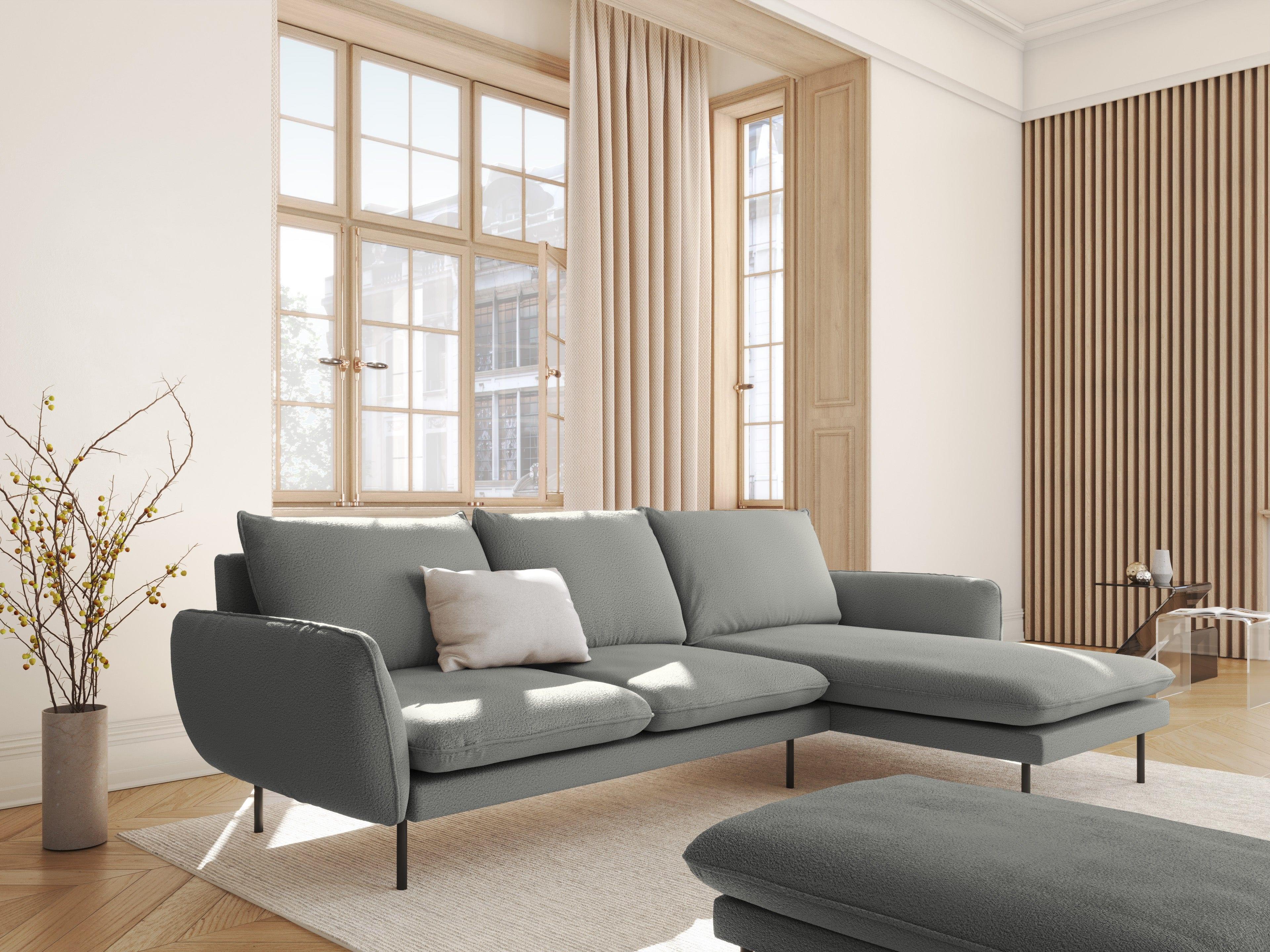 Narożnik prawostronny 5-osobowy VIENNA szary boucle z czarną podstawą – Cosmopolitan Design