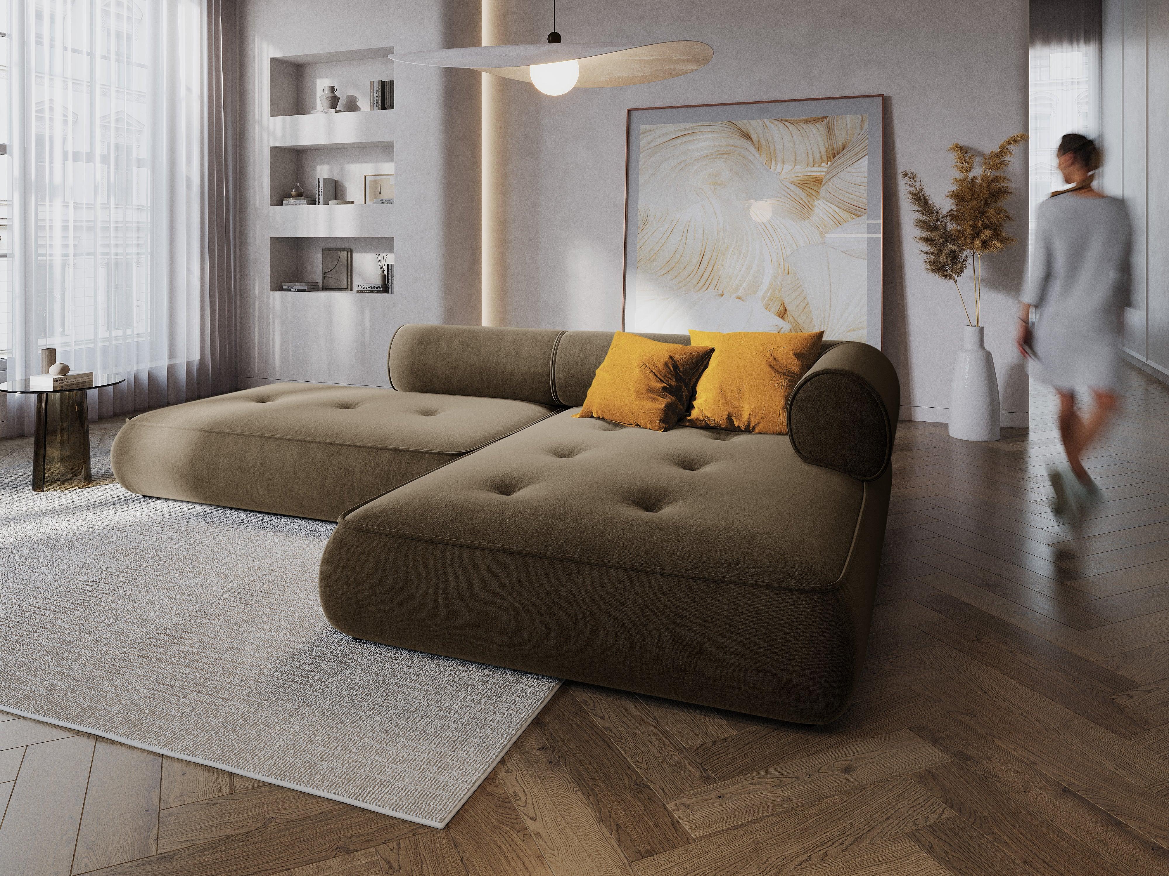 Narożnik w tkaninie szenilowej prawostronny otwarty LILY szarobrązowy Maison Heritage Eye on Design