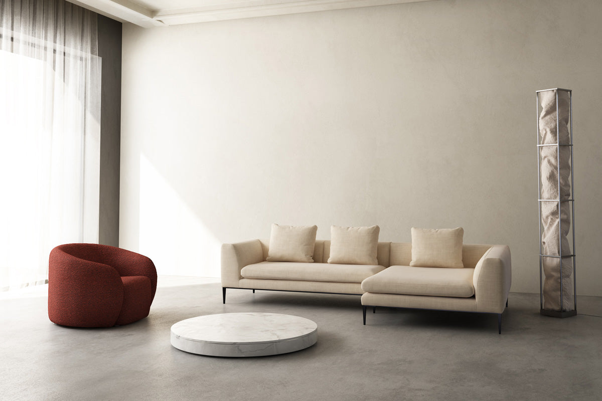 Left-facing 3-seater NASH upholstered corner sofa with black base