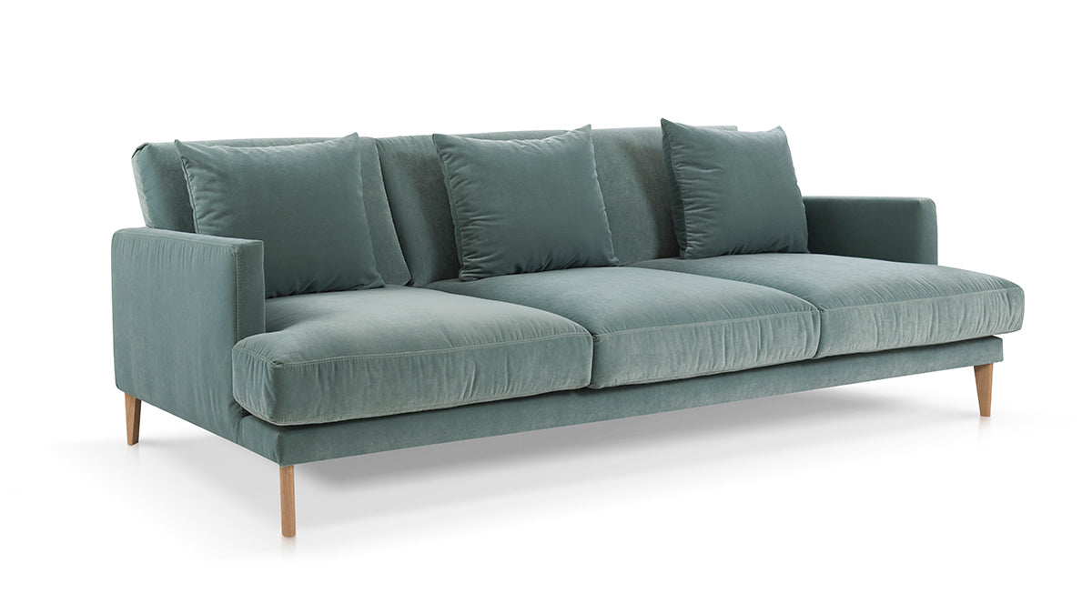 Sofa PARADISE gestoffeerd met een eiken basis