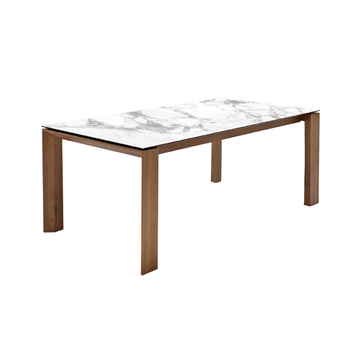 Extendable table OMNIA with a white top and walnut base