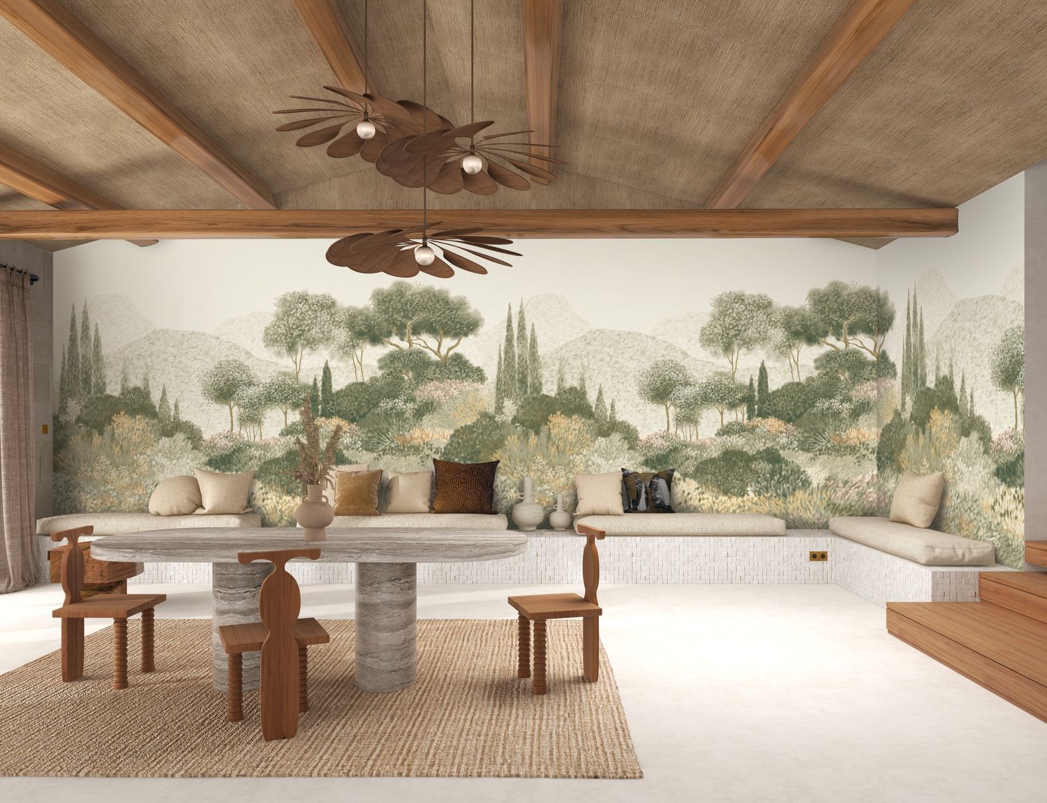 Muurschildering met een landschap van bomen en bergen MAQUIS CORSE beige
