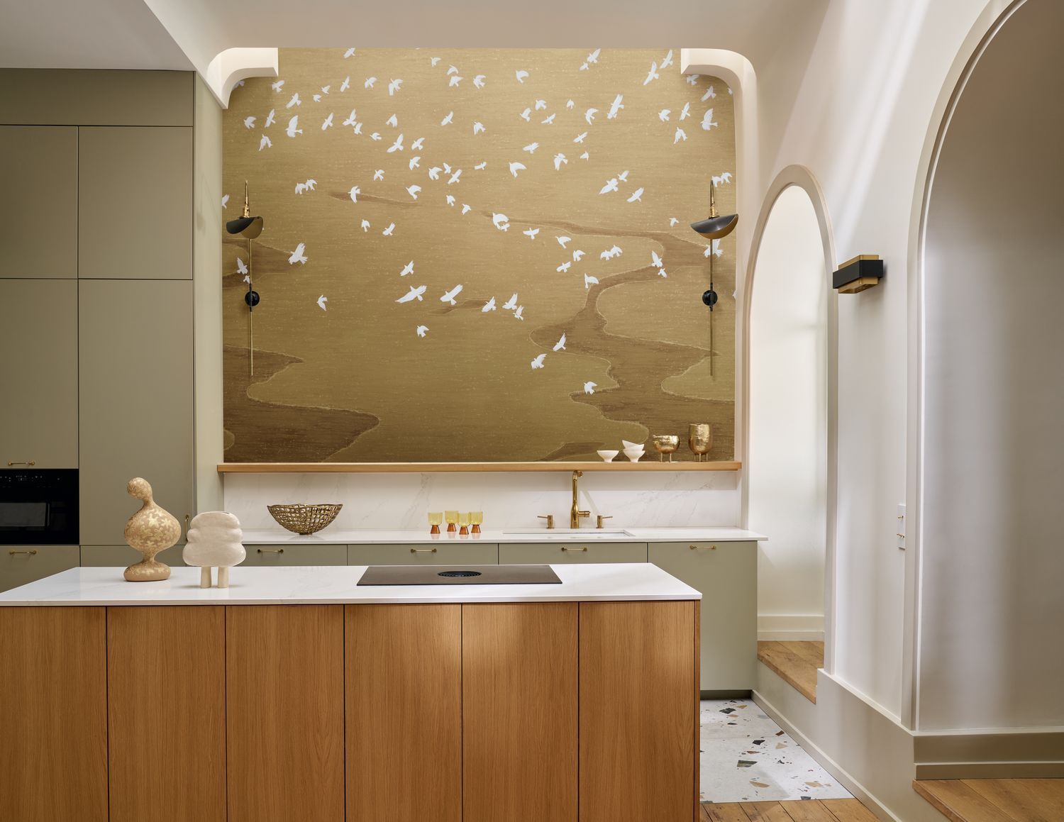 Wandbild mit Tiermotiv Vögel MIGRATION weiß mit Gold