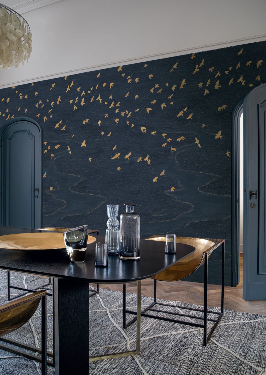 Wandbild mit Tiermotiv Vögel MIGRATION weiß mit Gold