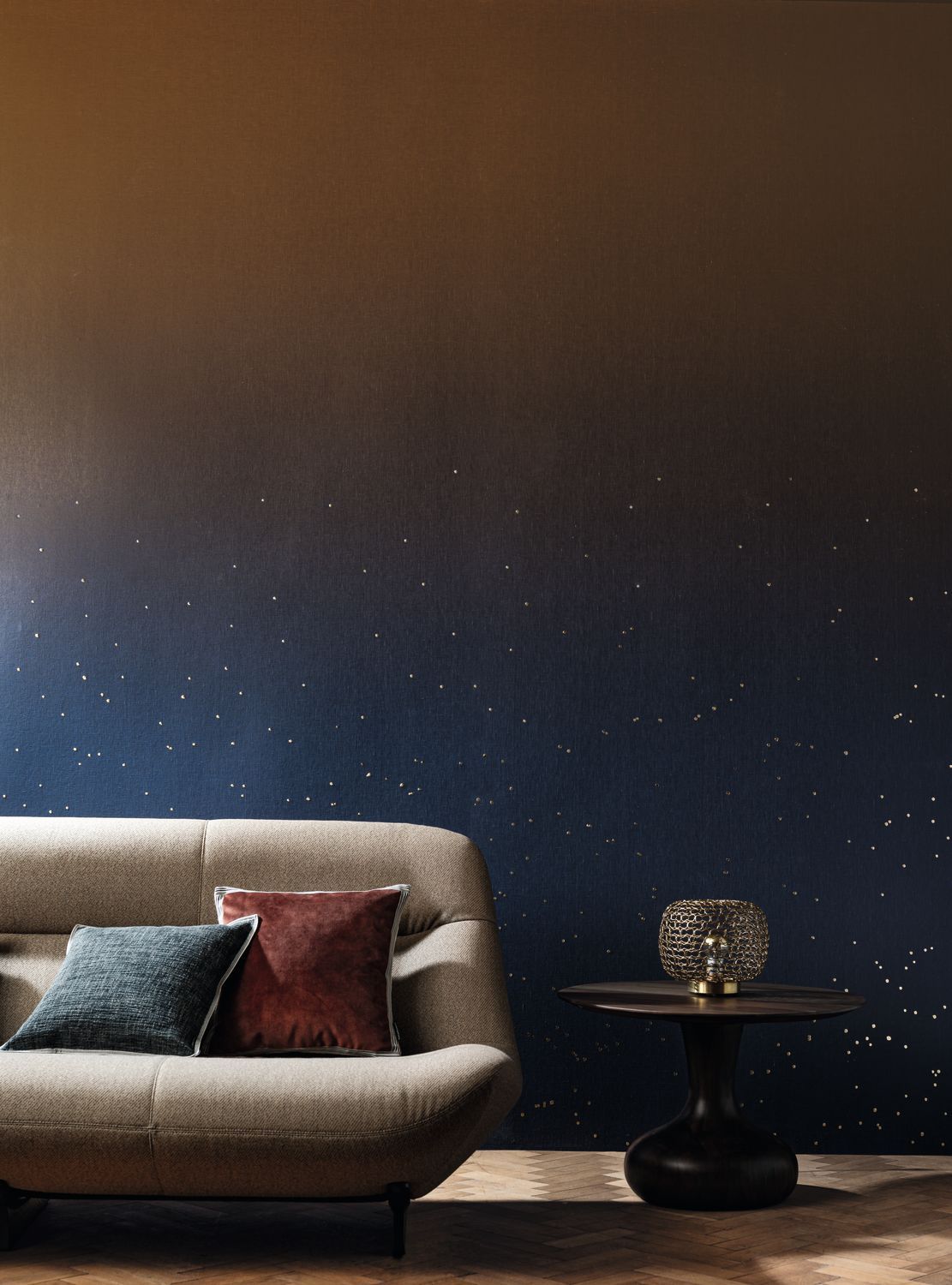 Muurschildering textielgradiënt met hemelthema ASTRAL SOLAIRE blauw met grijs