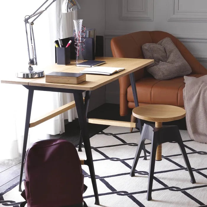 Portable stool atelier oak wood with a black base