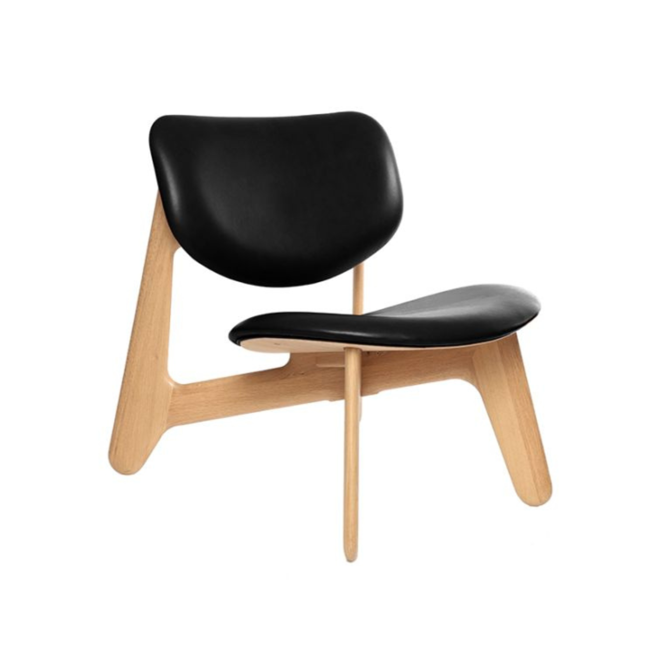 Platte Sessel schwarzes Leder mit einer Eichenbasis