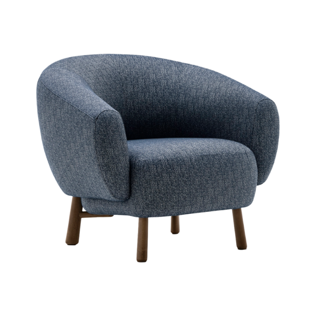 Upholstered RIO armchair with a dark wooden base