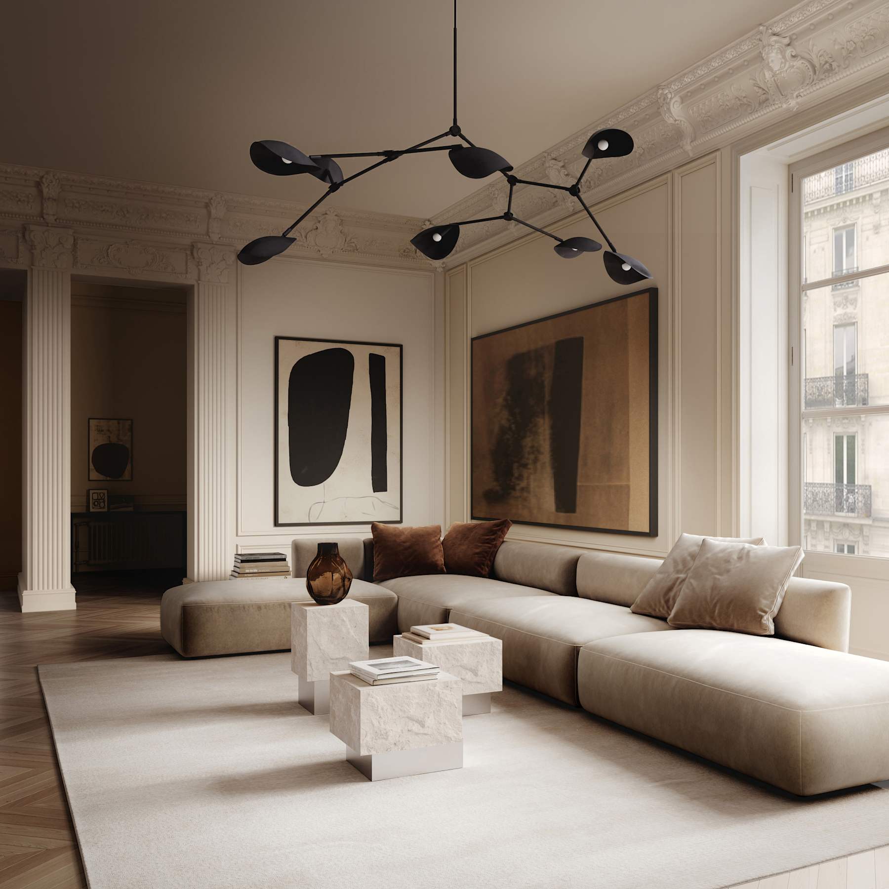 TEMPLE limestone coffee table with a silver base