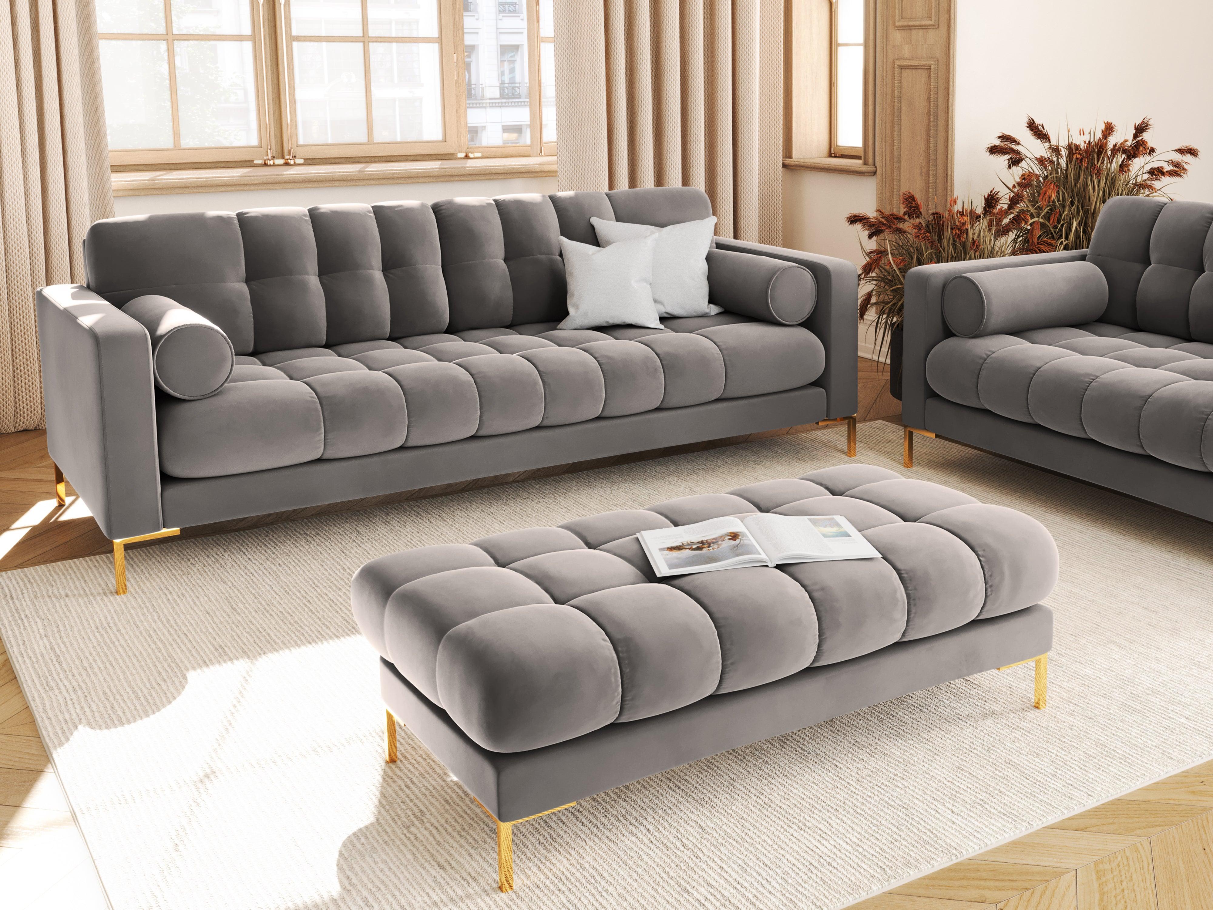Sofa aksamitna 3-osobowa BALI jasnoszary ze złotą podstawą Cosmopolitan Design Eye on Design
