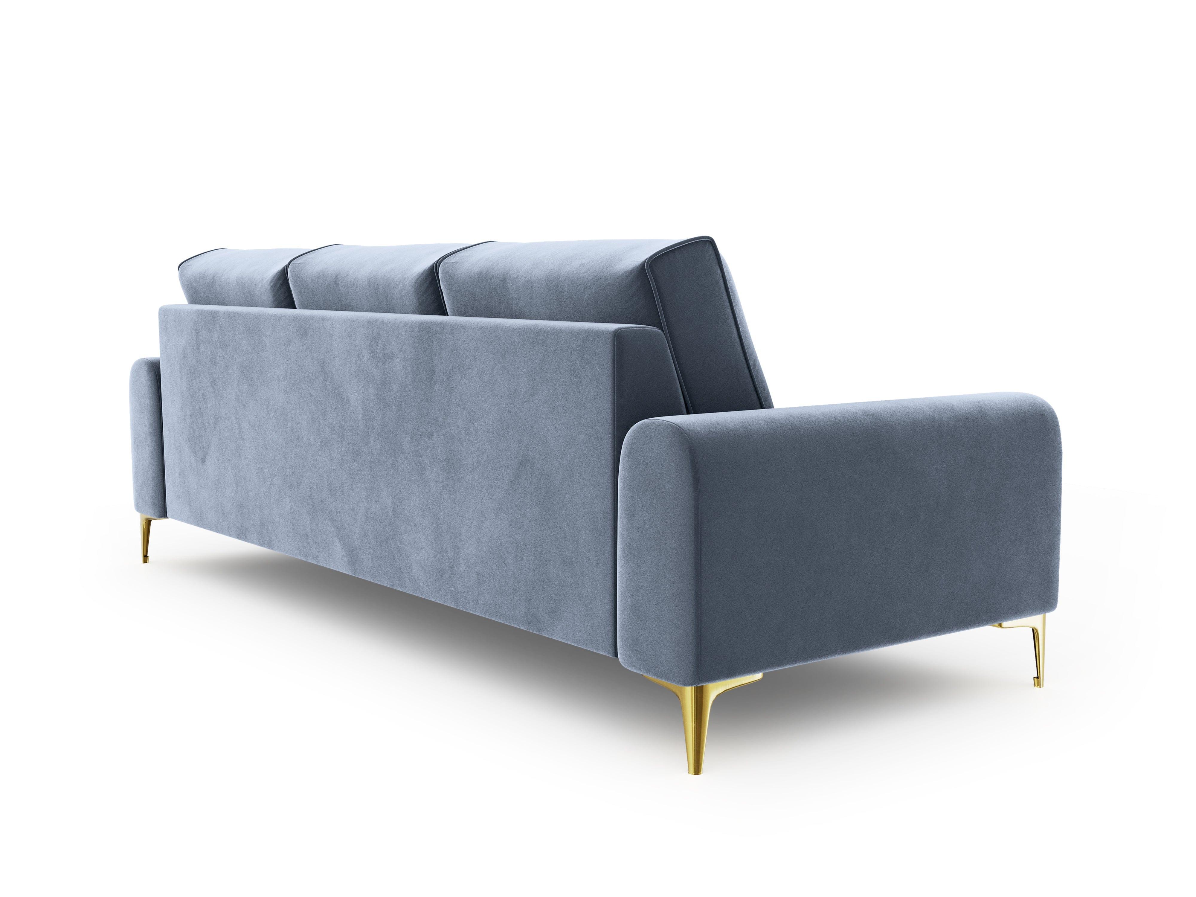 Sofa aksamitna 3-osobowa MADARA jasnoniebieski ze złotą podstawą Mazzini Sofas Eye on Design