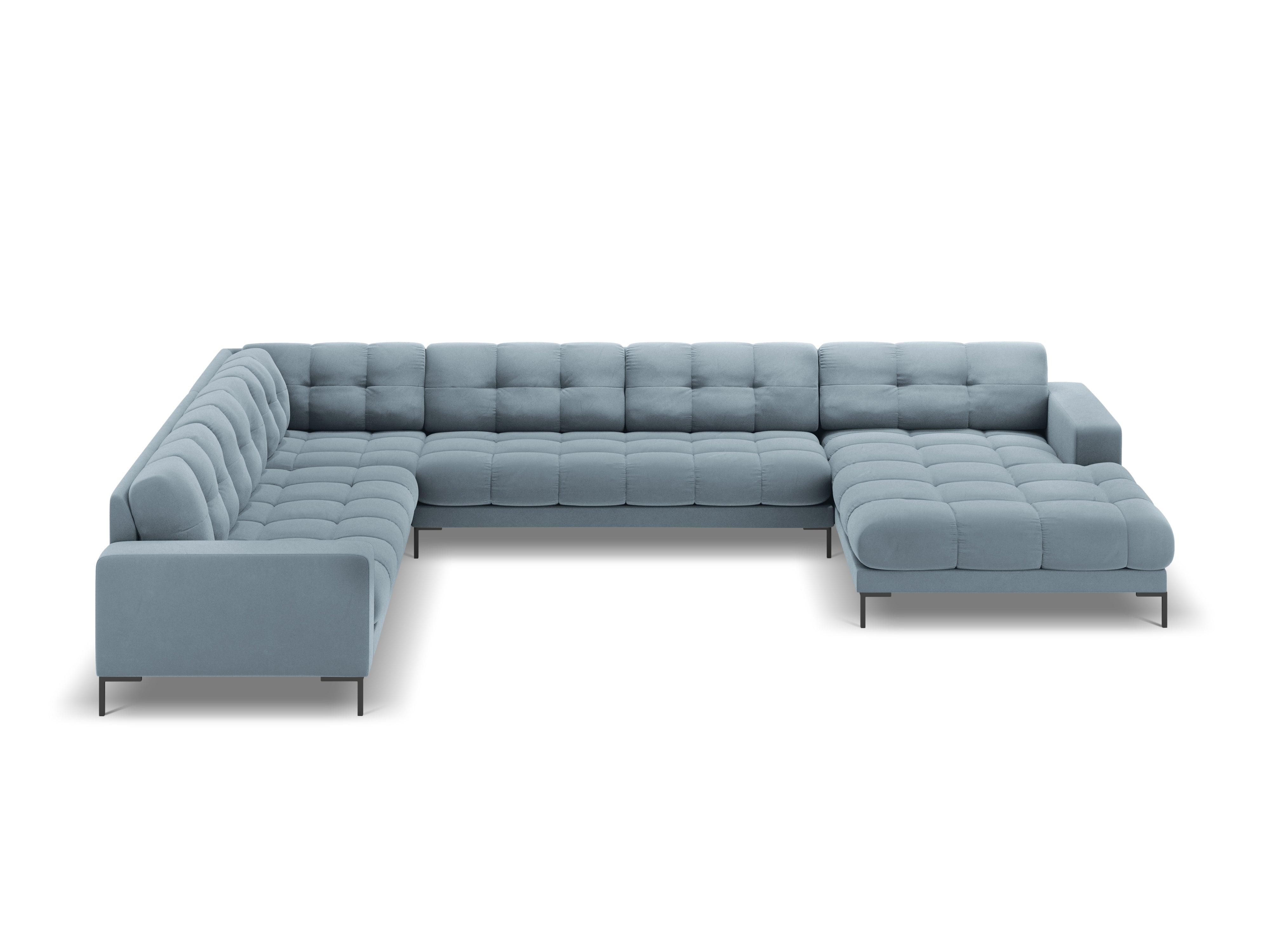 Sofa aksamitna panoramiczna lewostronna 7-osobowa BALI jasnoniebieski z czarną podstawą Cosmopolitan Design Eye on Design